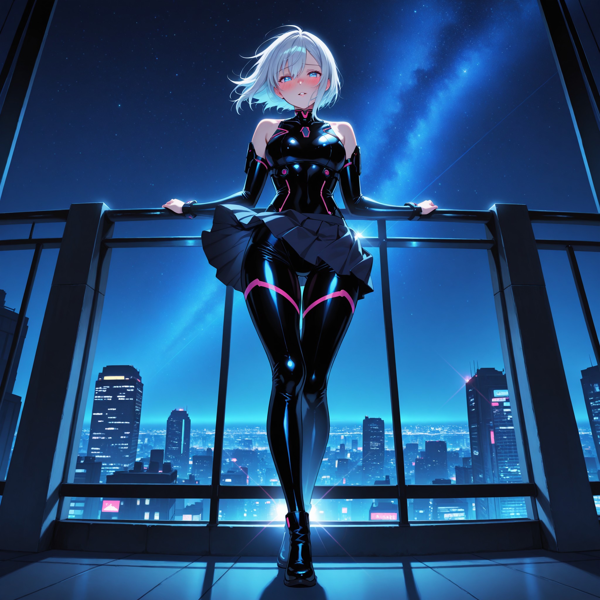 【シーン3：夜風に揺れる銀髪】イベント終了後、会場ビルの屋上。レイナが手すりにもたれ、東京の夜景をバックに佇んでいる。夜風がスーツのスカート部分と銀髪をふわりと揺らし、月明かりとネオンに照らされた太ももが眩しい。『また来年も、ここで会えるかな？』──少しはにかんだ彼女の表情に、一日の終わりの切なさと甘い余韻が漂うラストシーン。