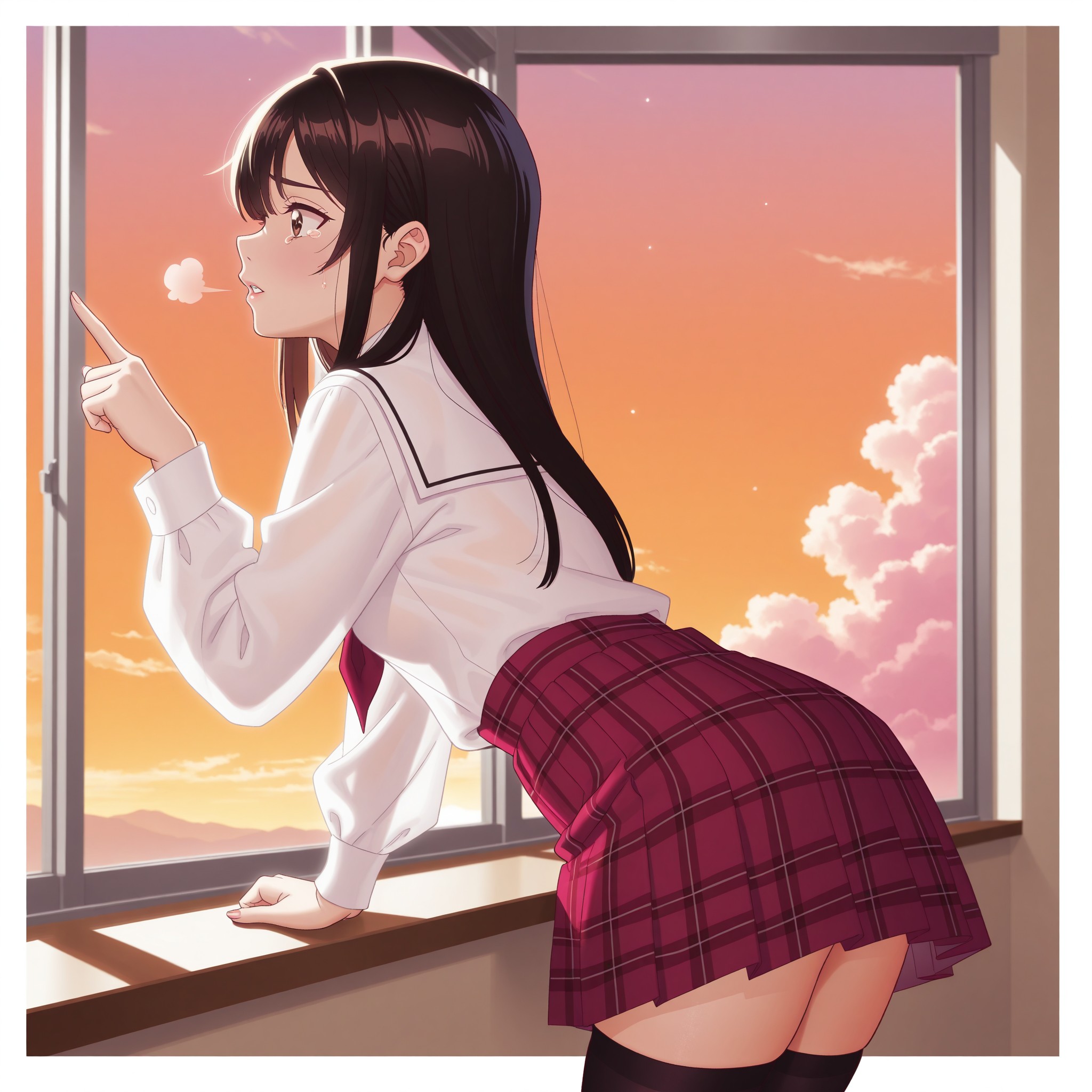 【シーン2：夕暮れの窓辺】窓枠に両腕をのせ、染まる空を見つめるあかり。風が吹き込んでスカートの裾と黒髪を揺らす。瞳にうっすら浮かんだ涙は悲しみではなく、「あの頃の全部が綺麗だった」という実感からくるもの。制服の白いブラウスが夕陽に透けて輝き、振り向かない横顔が見る者の胸を静かに締め付ける。