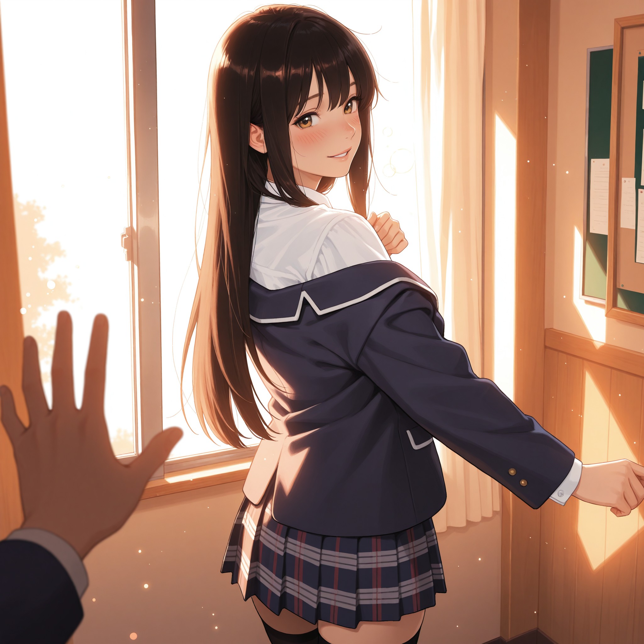 【シーン3：最後の振り返り】扉に手をかけ、教室を振り返るあかり。ずれ落ちたブレザーの肩、乱れた黒髪、ほんのり赤く上気した頬。苦しくて、愛おしくて、もう戻れない。「行くね」——声にはならなかったけれど、その横顔が全てを語っていた。夕暮れのボケに浮かぶシルエットと甘い表情が、青春の終わりと新しい扉の始まりを同時に告げるラストシーン。