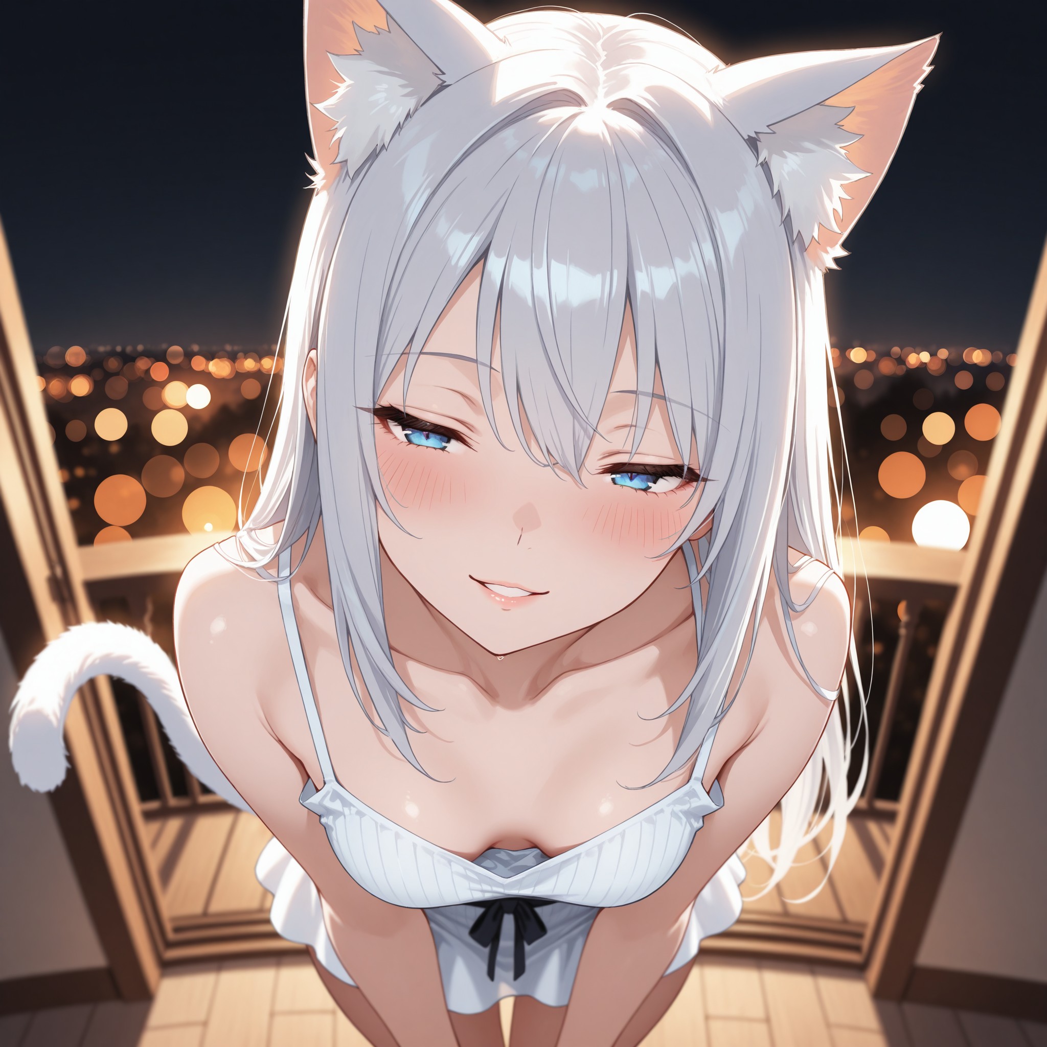 上目遣い×猫耳：シルバーロングヘアの猫耳少女が潤んだ瞳でじっとこちらを見上げる構図。upward gaze＋half-closed eyes＋seductive smileの組み合わせが艶っぽい上目遣いを生む核心タグ。ローカットドレスでデコルテラインを美しく見せ、バックライトで神秘的な雰囲気を演出。