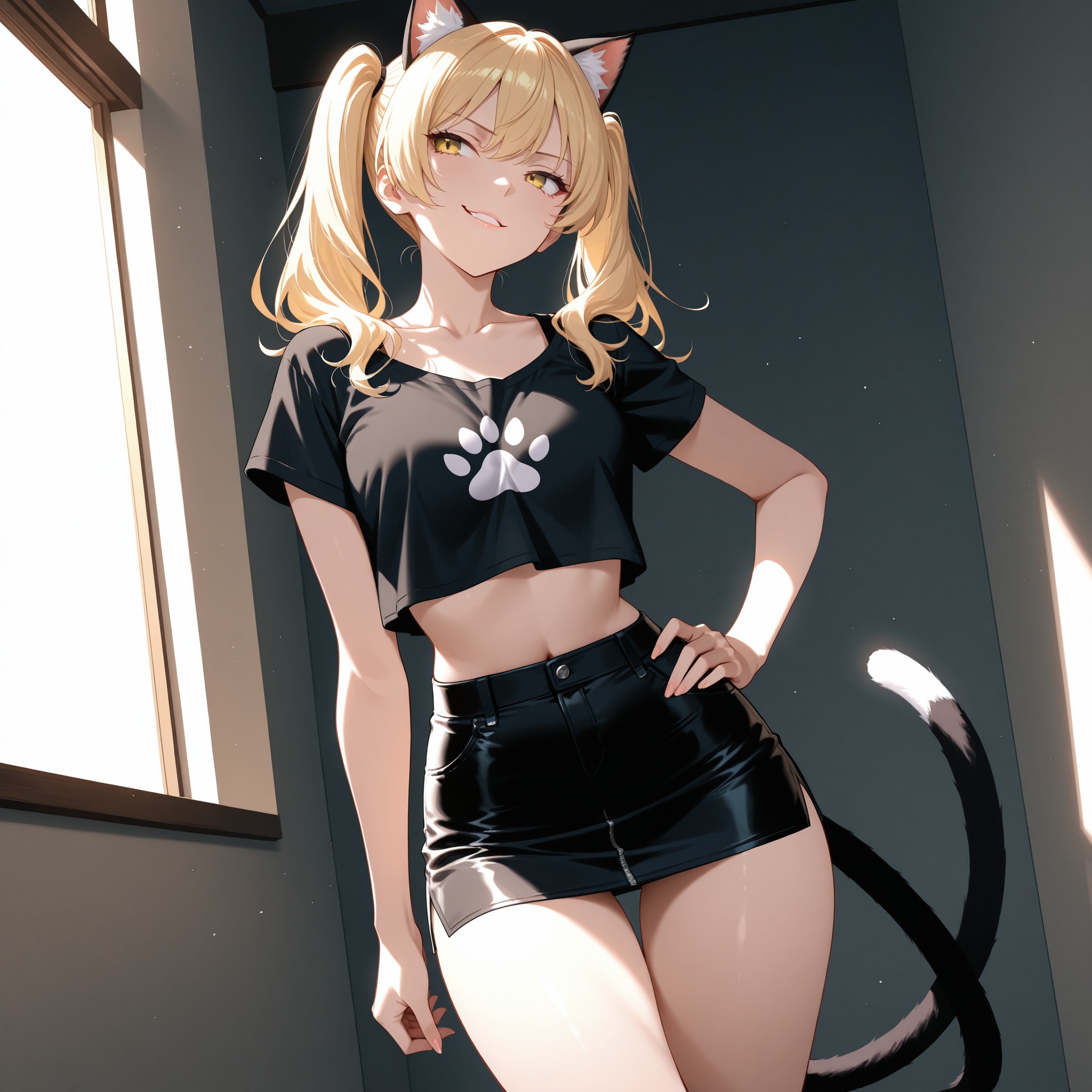 流し目×猫耳：ツインテール金髪の猫耳少女が余裕の流し目でこちらをチラ見するクールビューティー構図。sidelong glance＋smirkタグで「見てあげてる」感のある色気を表現。肉球モチーフ（paw print motif）のクロップトップ×ミニスカートでキャラクター感と露出感を両立。