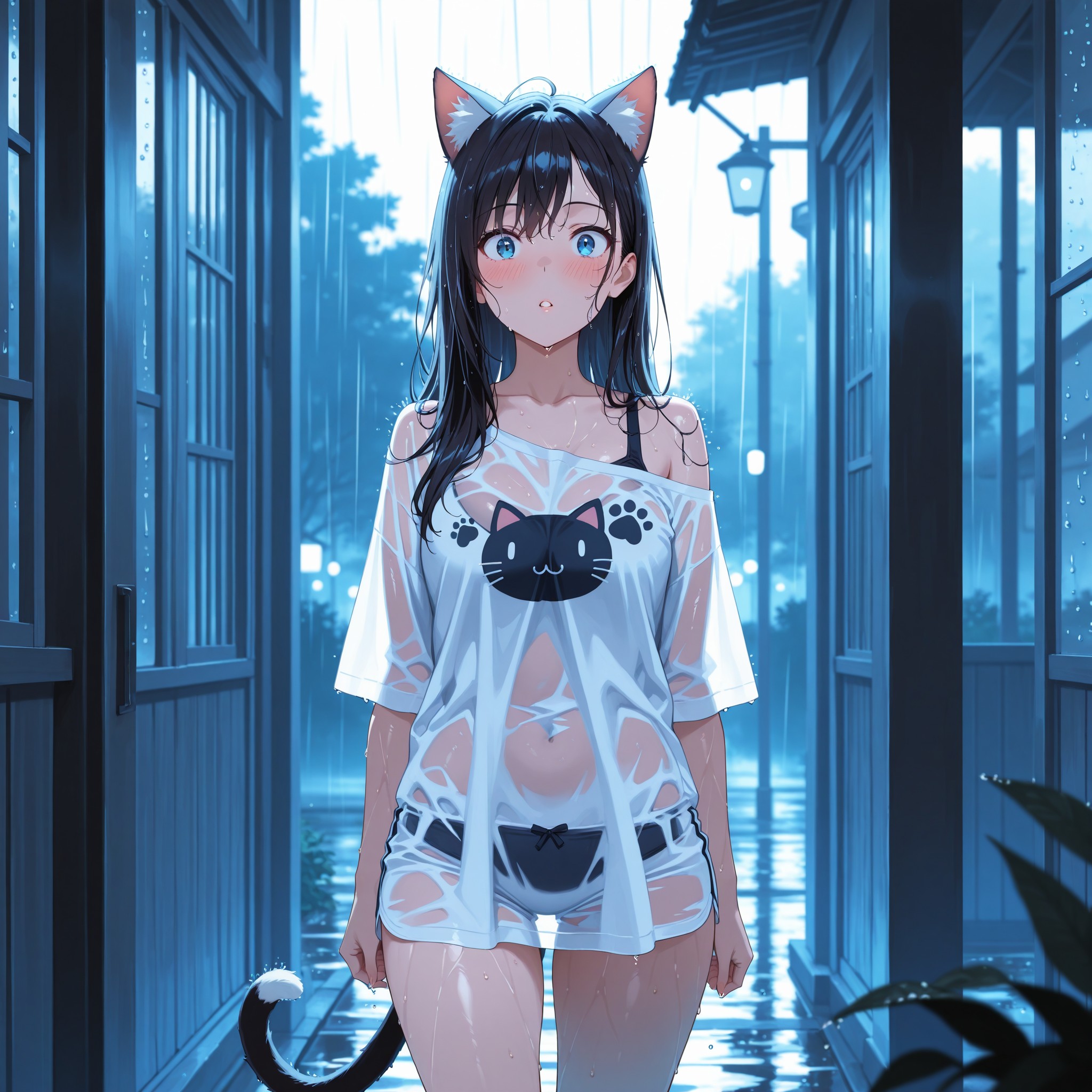 濡れ透け×猫耳：雨に濡れてしまった黒髪猫耳少女の困り顔シーン。see-through＋wet clothes＋wet hairの組み合わせで透け感と濡れ感を表現しつつ、surprised＋blushで恥じらいを演出。ネガティブにvisible nippleを追加し健全範囲を守りながらバックライトでシネマティックに仕上げる。