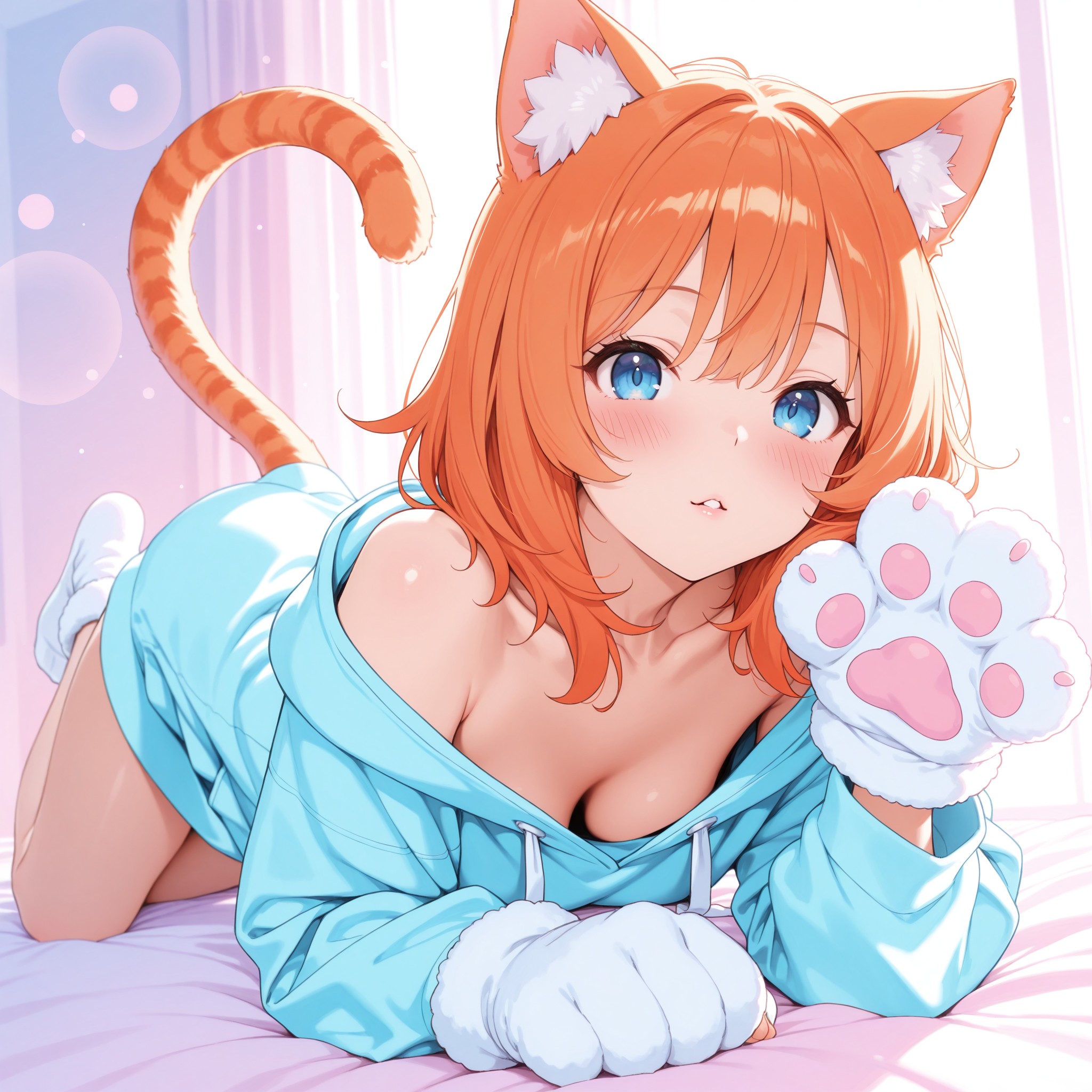 うつ伏せポーズ×猫耳：もふもふ耳と肉球グローブをつけたオレンジ髪の猫耳少女がうつ伏せで足をぱたぱたさせるキュートなポーズ。lying down＋on stomachで太ももラインを自然に強調しつつ、oversized hoodieのギャップ萌えで品よくセクシーに。cat paw glovesが肉球モチーフの魅力を最大化する。