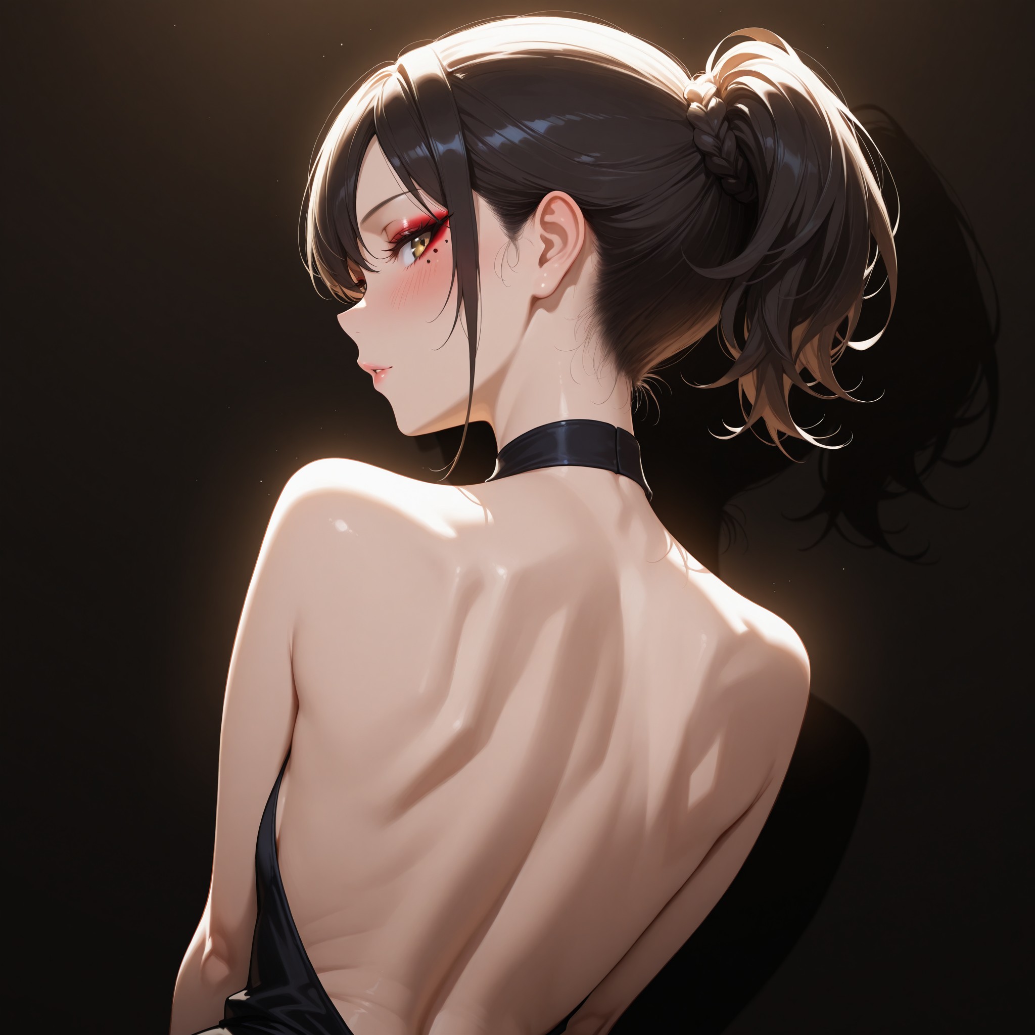 振り返りポーズ×バックレスドレスで背中のラインと首筋の美しさを強調。肩越しの上目遣いが色っぽさを添えるバックショット構図テクニック。