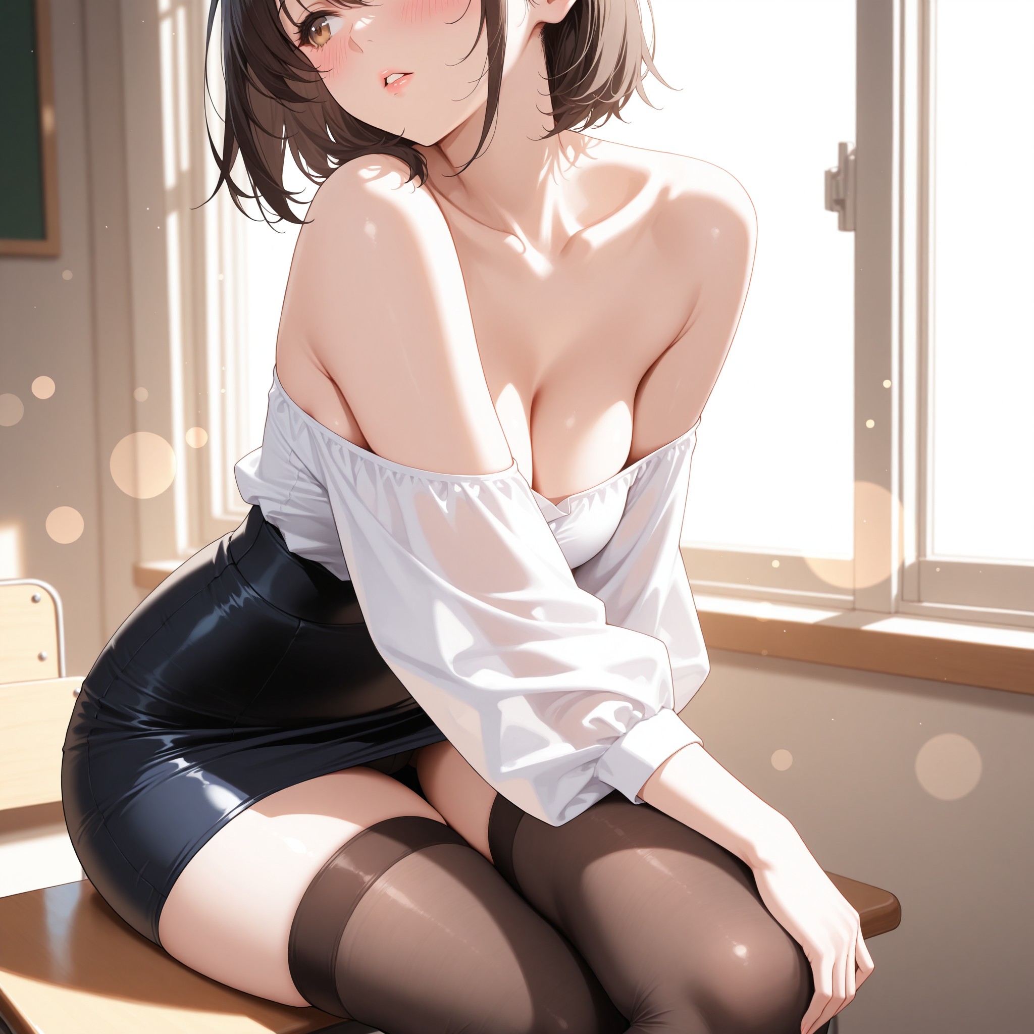 脚組み座りポーズ×タイトスカートで太もものラインを美しく表現。前傾み姿勢と鎖骨の露出で自然な色気を生む衣装タグの組み合わせ解説。