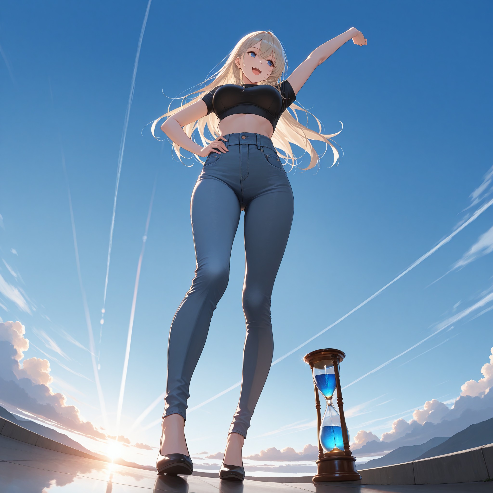 ローアングル×ストレッチポーズでウエストとヒップのくびれを立体的に強調。クロップトップ×ハイウエストのコーデタグで脚長効果を最大化する構図術。