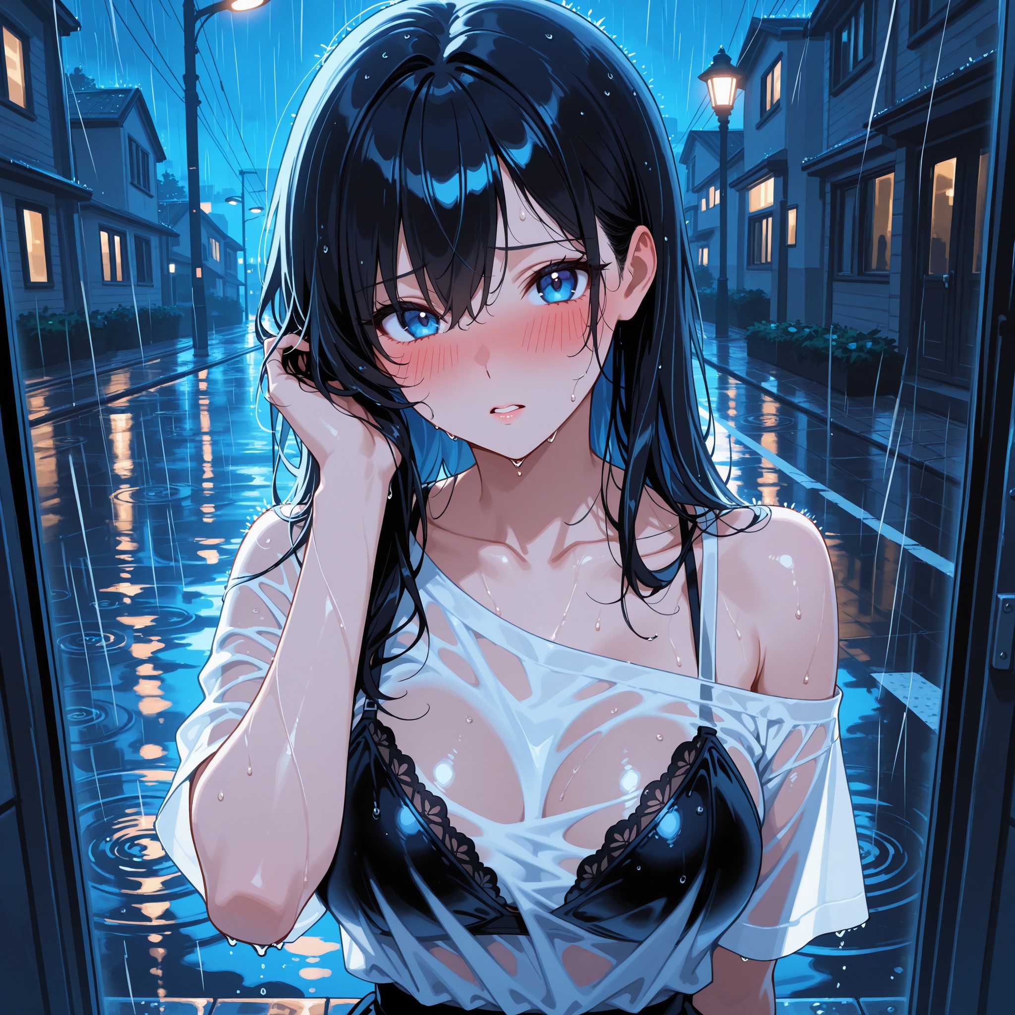 濡れシャツ×雨夜シーンで体のラインを透け感で表現する上級テクニック。wetnessタグとsee-throughタグの活用で、品を保ちながら色っぽさを引き出す手法を解説。