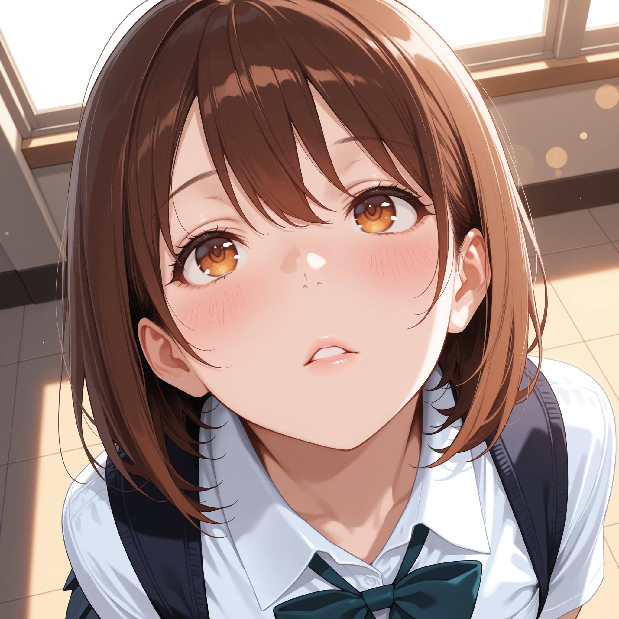 【上目遣い】制服姿の女の子が顎を引き、潤んだ瞳でこちらを見上げる構図。looking up・upturned eyes・from above angleの三点セットが上目遣いの核心。少し高めのアングルから撮ることで視線の角度が強調され、守ってあげたくなるような魅力を演出。