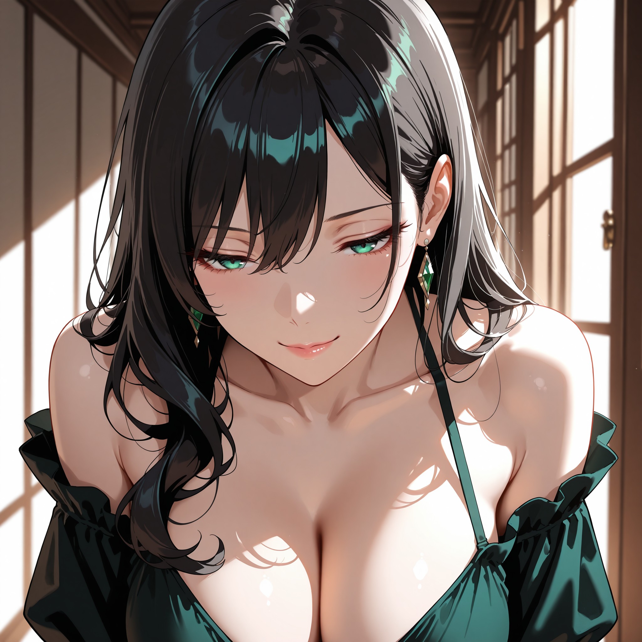 【流し目】オフショルダードレスを纏った女性が斜め後ろから視線だけをこちらに向ける、大人っぽい流し目の構図。sidelong glance・half-closed eyes・three-quarter viewの組み合わせが「見ているようで見ていない」ミステリアスなセクシーさを生む。dramatic lightingで陰影を強調。