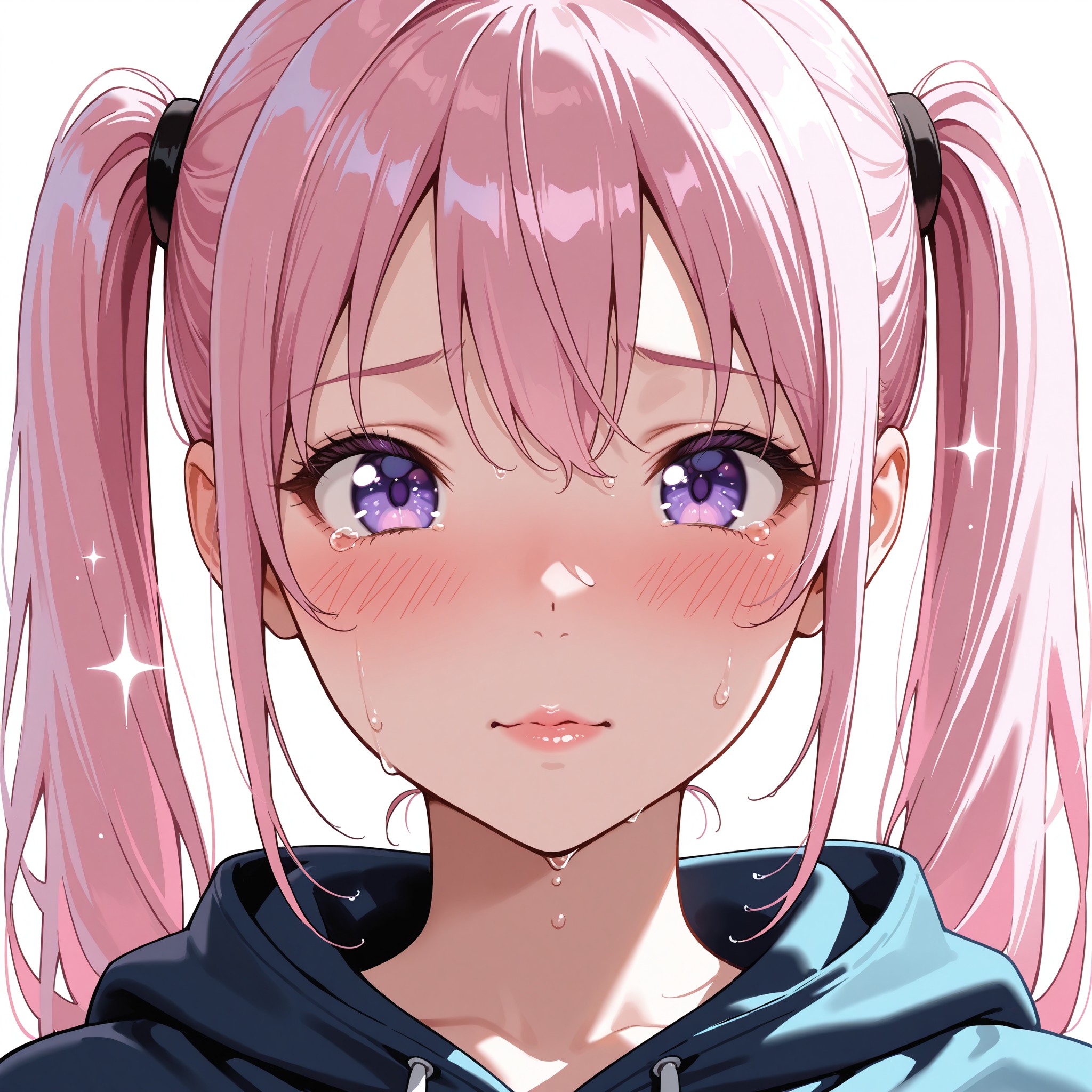 【頬染め＋潤んだ瞳】ピンク髪ツインテールの女の子の頬がバラ色に染まり、潤んだ瞳がキラキラと輝く超接近ショット。teary eyes・glossy eyes・wet eyesを重ねることで、今にも泣きそうな儚い美しさを表現。sparkleタグでアイハイライトも強化。