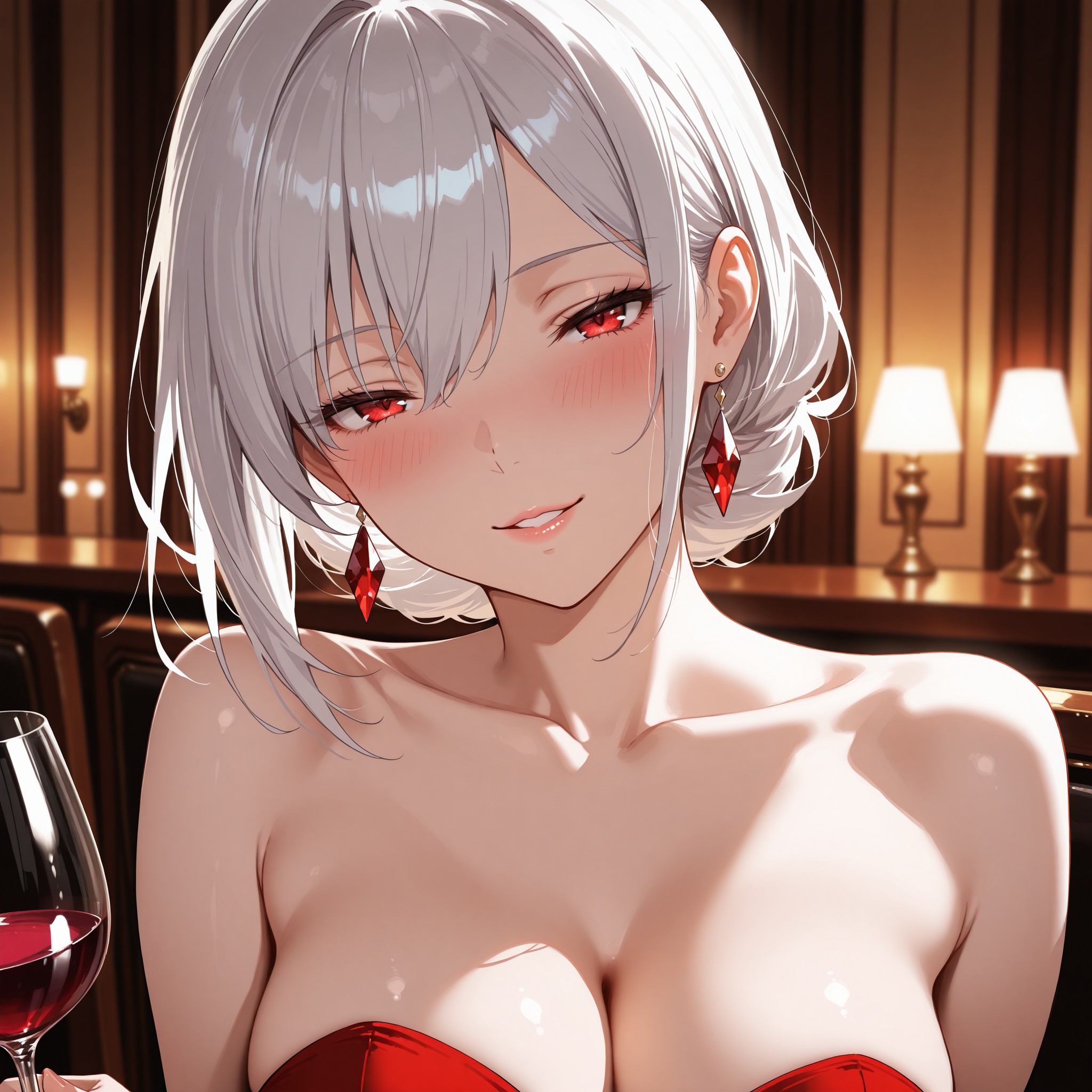 【艶やかな微笑み】シルバーヘアのドレス姿の女性が、ワイングラスを手にしながら妖艶な笑みを浮かべる大人の表情。half-closed eyes・seductive smile・parted lipsの三段構えで、知性とセクシーさを兼ね備えた最高難度の表情を再現。背景のcinematic lightingが全体を映画的に引き締める。