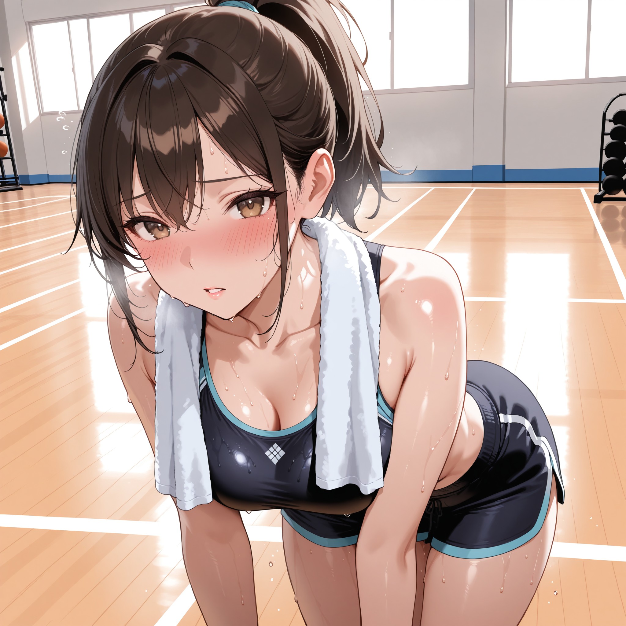 【汗表現編】sweat・sweaty・sweat dropsタグの重ね掛け効果を検証。ジムでのワークアウト後、息を切らせた少女の肌に浮かぶ汗の粒を再現。wet skinとglistening skinを併用することで、汗で濡れた肌の生々しい質感を引き出す。