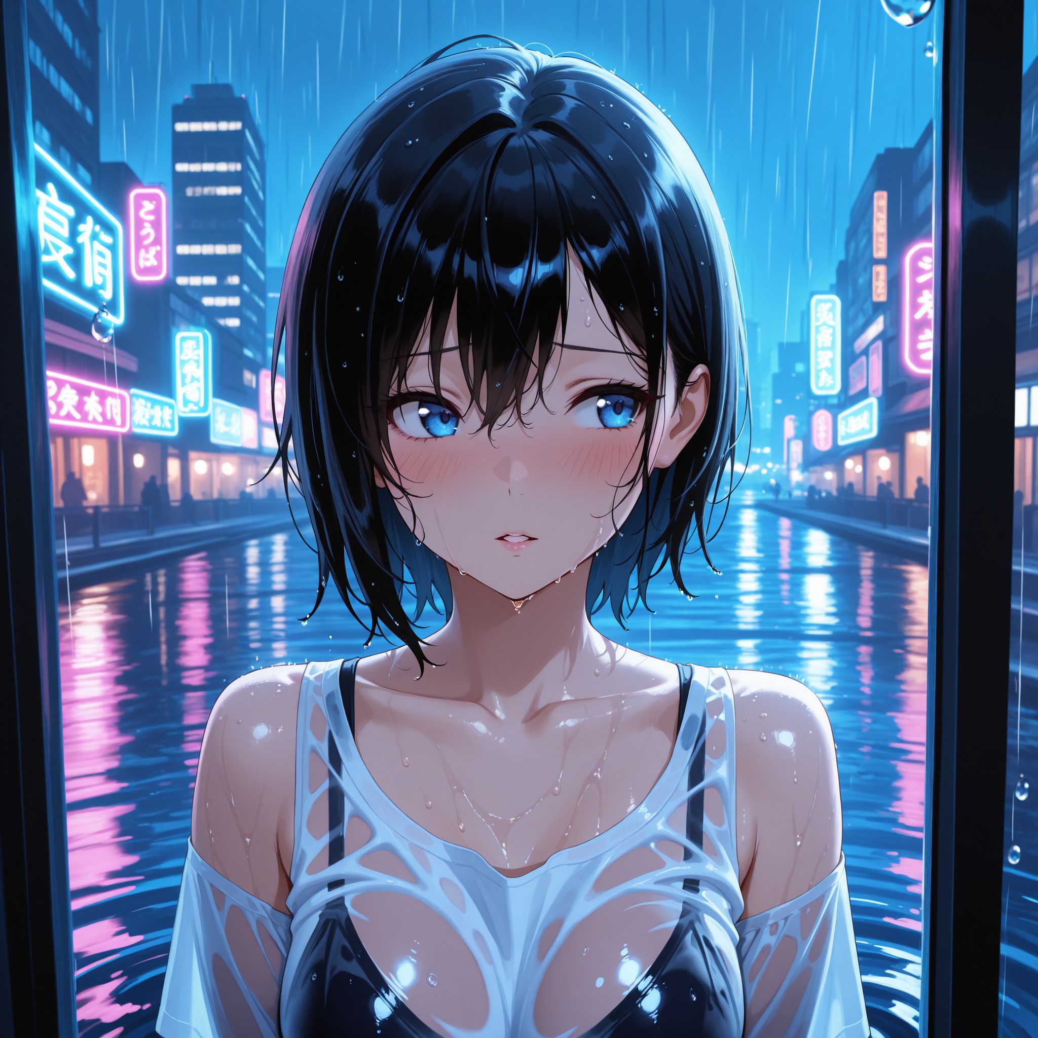 【濡れ肌編】wet・water droplets on skinタグによる濡れた肌の質感表現。夜の雨に打たれたシャツが肌に張り付くシチュエーション。ネオンの光が濡れた肌に反射するreflective skinタグを加え、都会的でドラマチックな濡れ肌表現を実現する。