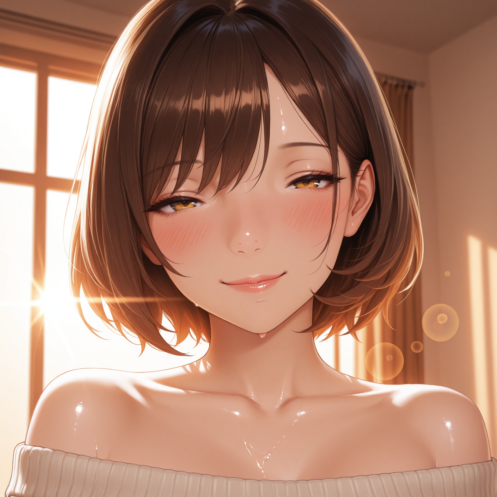 【ツヤ肌クローズアップ編】dewy skin・oily skin・subsurface scatteringタグの効果比較。顔のクローズアップで、ゴールデンアワーの光を受けたツヤ肌を再現。skin poresタグで毛穴レベルのリアルな質感を加えつつ、facial highlightsで頬や鼻筋のハイライトを強調する美容ショット。