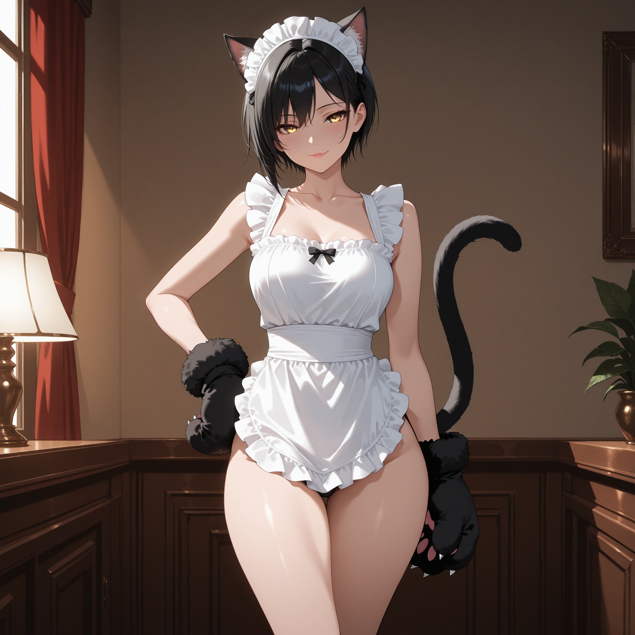 流し目×猫耳メイド。片手を腰に当てて流し目を送る黒髪猫耳メイド。しっぽを高く上げたポーズがキャラクターの自信と色気を演出。肉球グローブが猫らしさを強調する衣装ポイント。