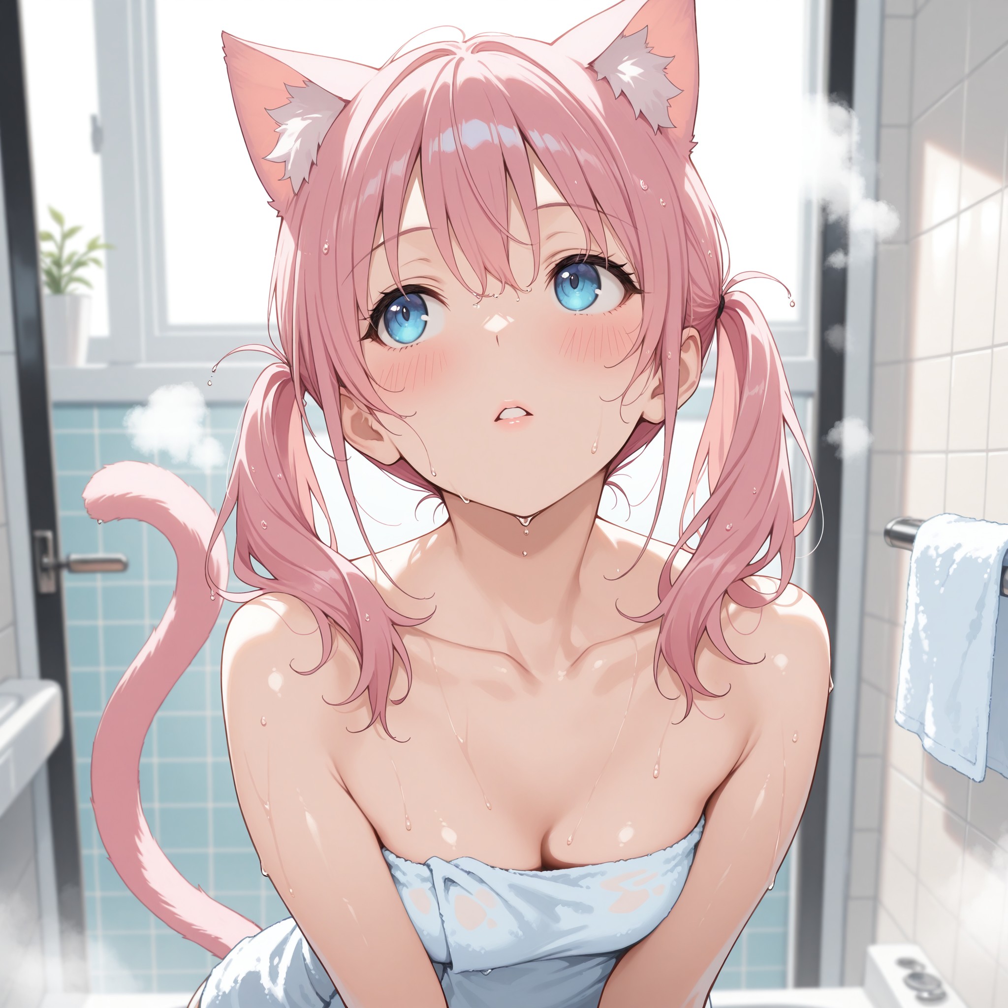 上目遣い×バスルームシーン。ツインテールのピンク髪猫耳少女が濡れた髪のまま上目遣いでこちらを見上げる構図。湯気と柔らかいライティングが幻想的な雰囲気を醸し出し、無防備な色気を表現。