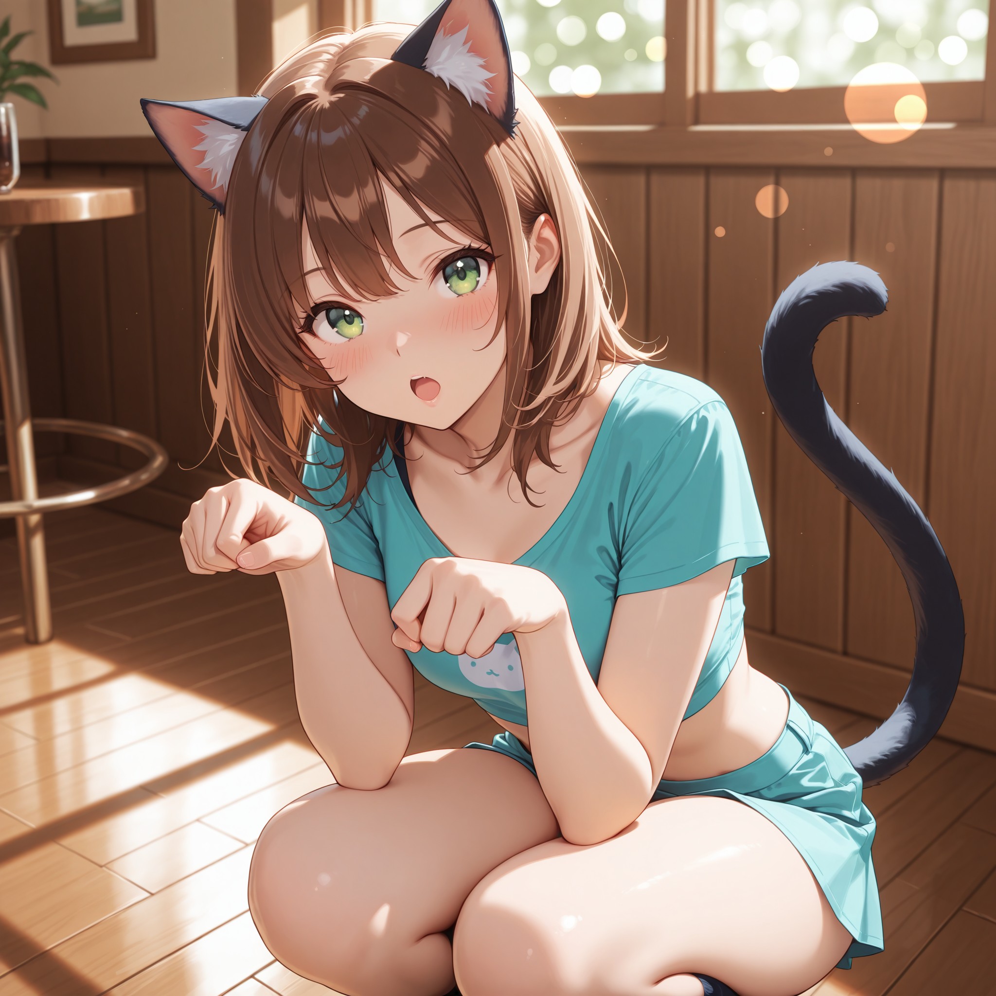 猫ポーズ×ミdriffコーデ。カフェを背景に四つん這いの猫ポーズをとる茶髪猫耳少女。クロップトップとショートスカートでウエストラインを強調しつつ、肉球ポーズで可愛らしさもキープ。最も「猫らしい」動きを表現したセクシーポーズ解説の締めカット。