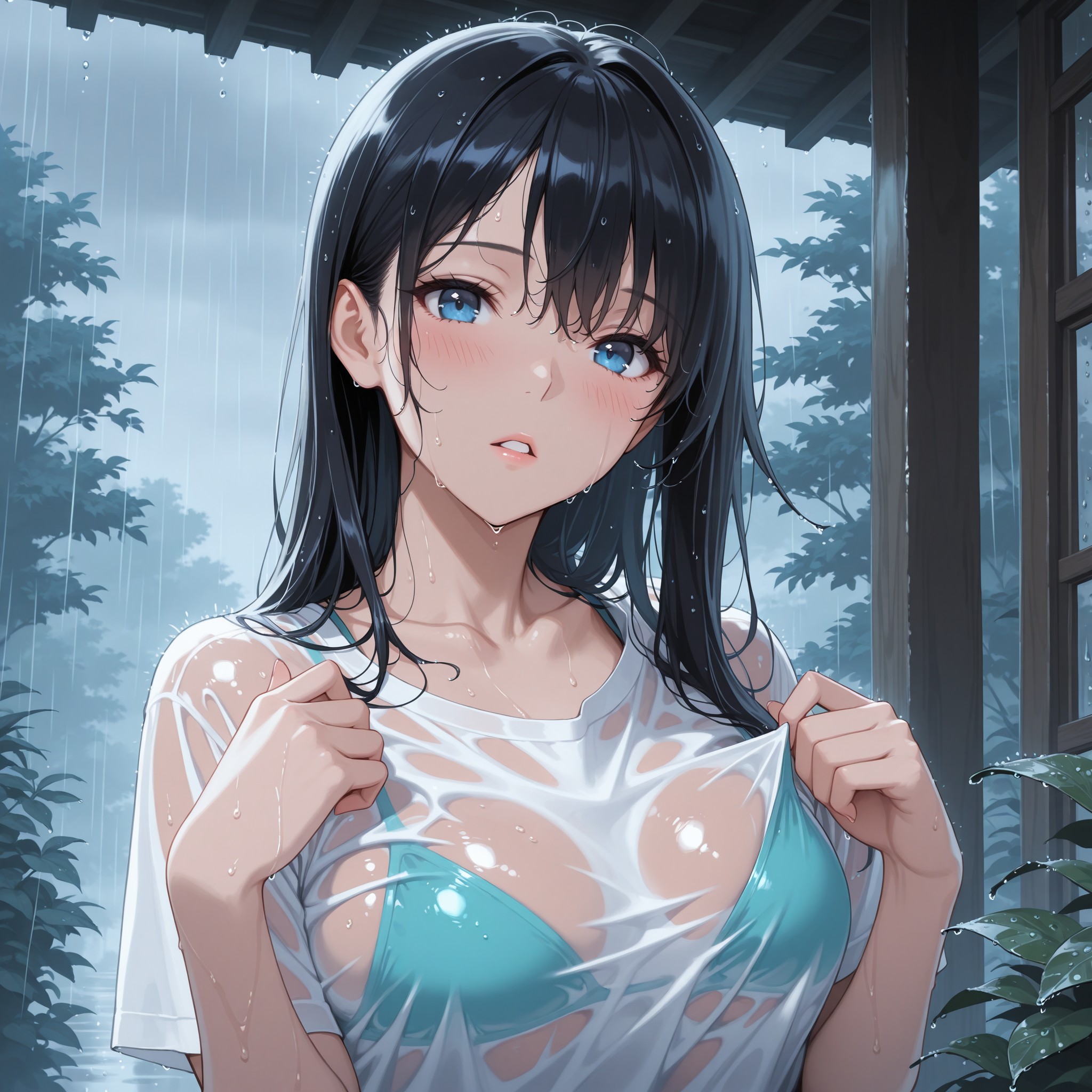 雨に濡れたシースルーシャツの表現。see-through と wet clothes を同時に指定し、雨粒で衣服が肌に貼り付く情感を演出。puddles（水たまり）や atmospheric を追加することで雨の情景をよりリアルに再現するテクニック。