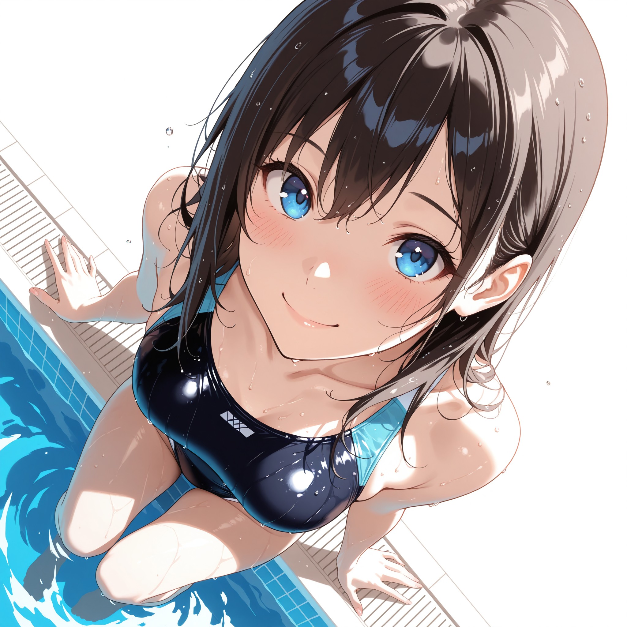 プールサイドで水滴が輝くシーン。water droplets on skin でリアルな水滴表現を指定し、from above angle（俯瞰アングル）で looking up at viewer（見上げ上目遣い）を引き出す構図テクニック。ray tracing で水滴のハイライトを際立てる。