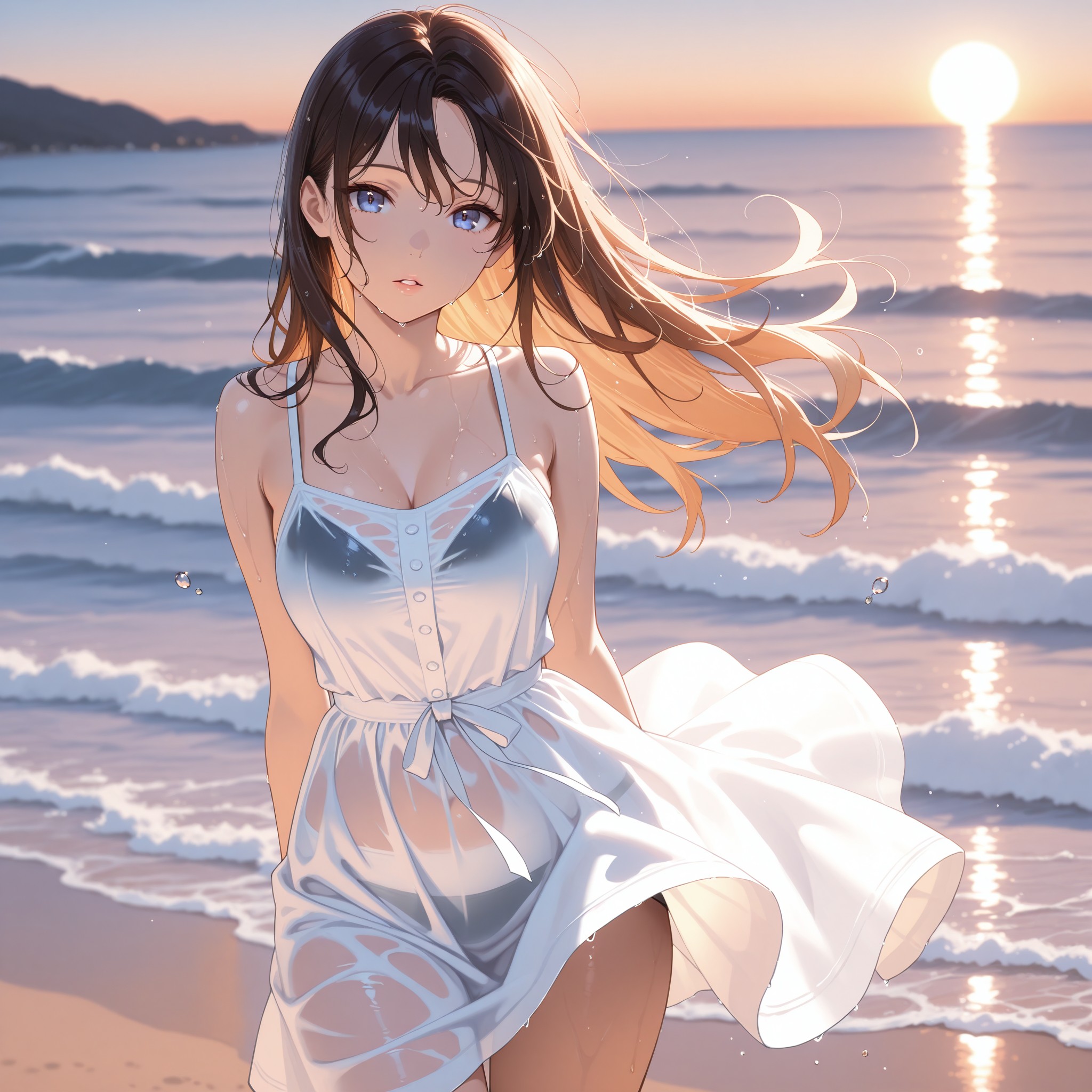 海辺で波に濡れた白いサンドレスの表現。wet dress と wet clothes の組み合わせで濡れた布の透け感を強調。side glance（流し目）と parted lips で色気ある表情を加え、golden hour（黄金色の夕日）ライティングで全体を温かみのある色彩に仕上げる。