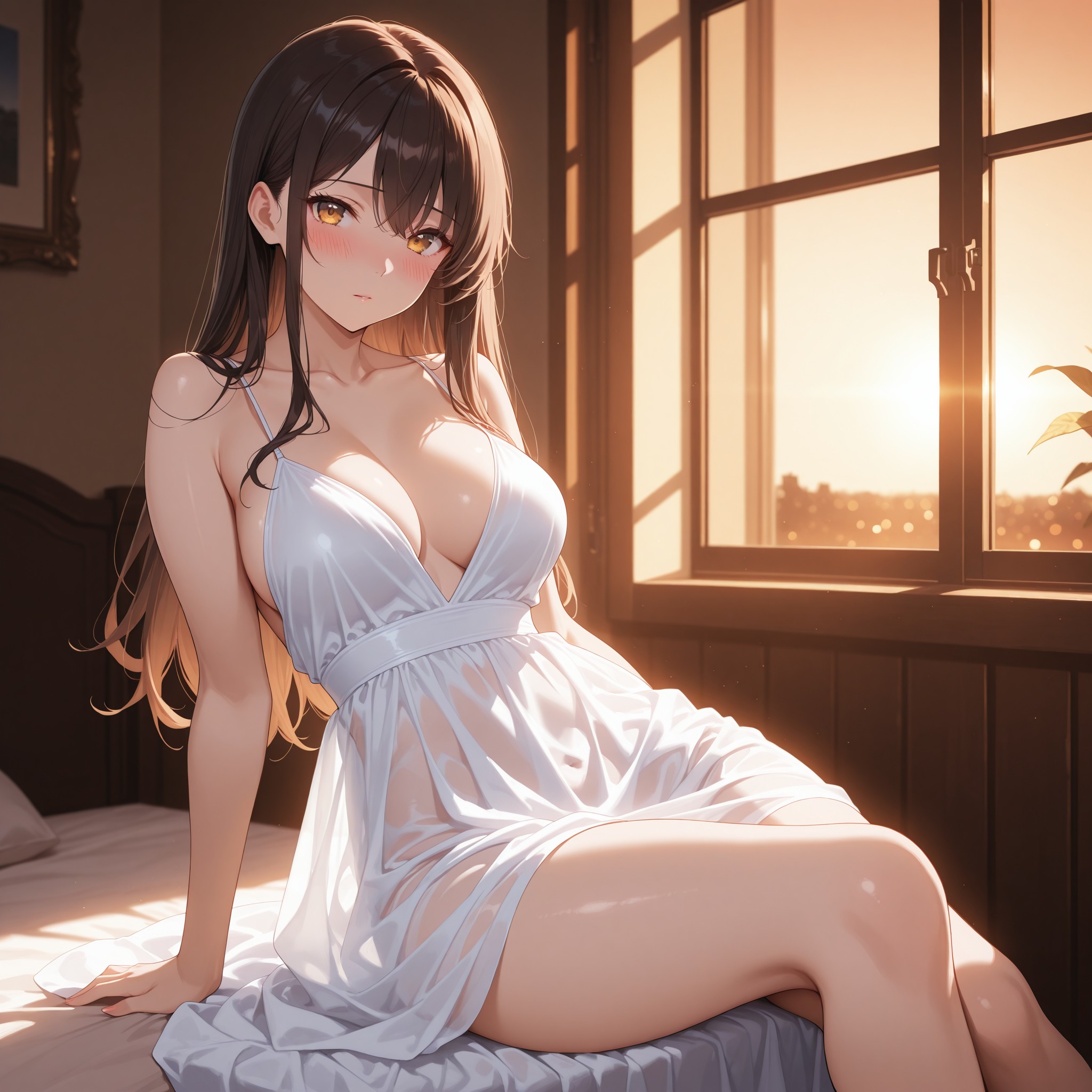 室内での透け感ドレスシーン。sheer dress・see-through fabric・translucent の3タグを重ねることでシフォン素材のような繊細な透け感を表現。window light（窓光）と warm tones で柔らかい陰影を作り出し、上品でエレガントな色気を演出するプロンプト構成。