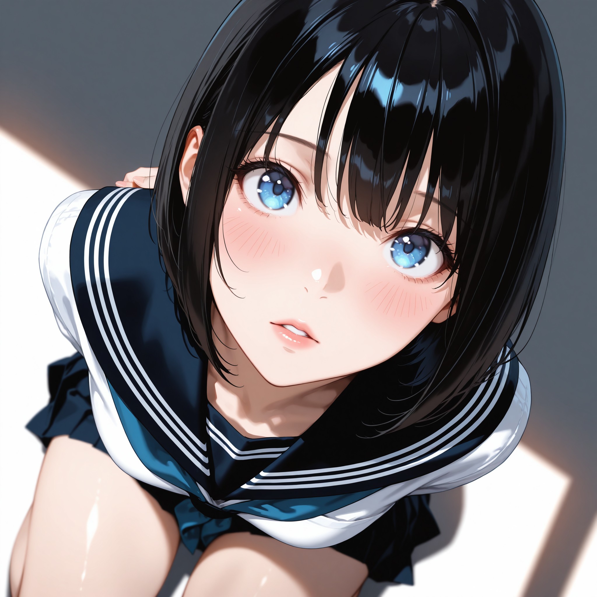 【上目遣い × 俯瞰アングル】膝立ちの姿勢をfrom aboveで見下ろす構図。upturned eyesとpuppy eyesの合わせ技で、甘えるような上目遣いを最大限に引き出す。少し開いた唇(parted lips)が無防備さを強調し、セーラー服の清楚さとのギャップが魅力。