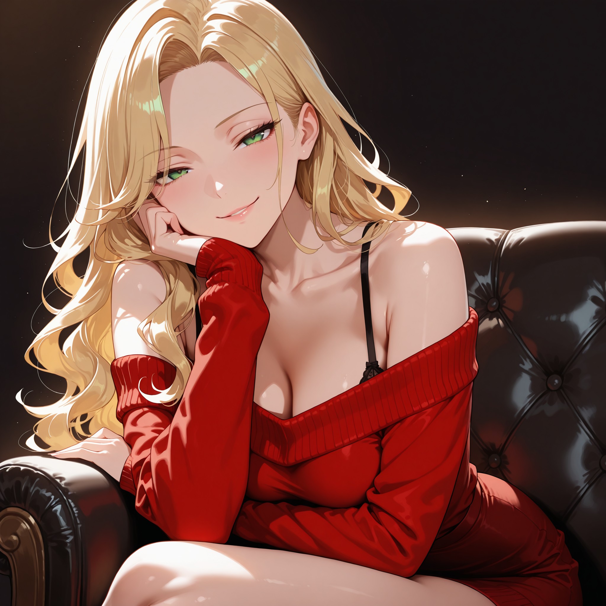 【流し目 × 余裕の微笑み】頬杖をつきながら流し目で見つめる大人の色気。sidelong glanceとhalf-closed eyesで物憂げな視線を作り、smirkで小悪魔的な余裕を表現。赤いオフショルニットと暗い背景のコントラストが妖艶な雰囲気を際立たせる。