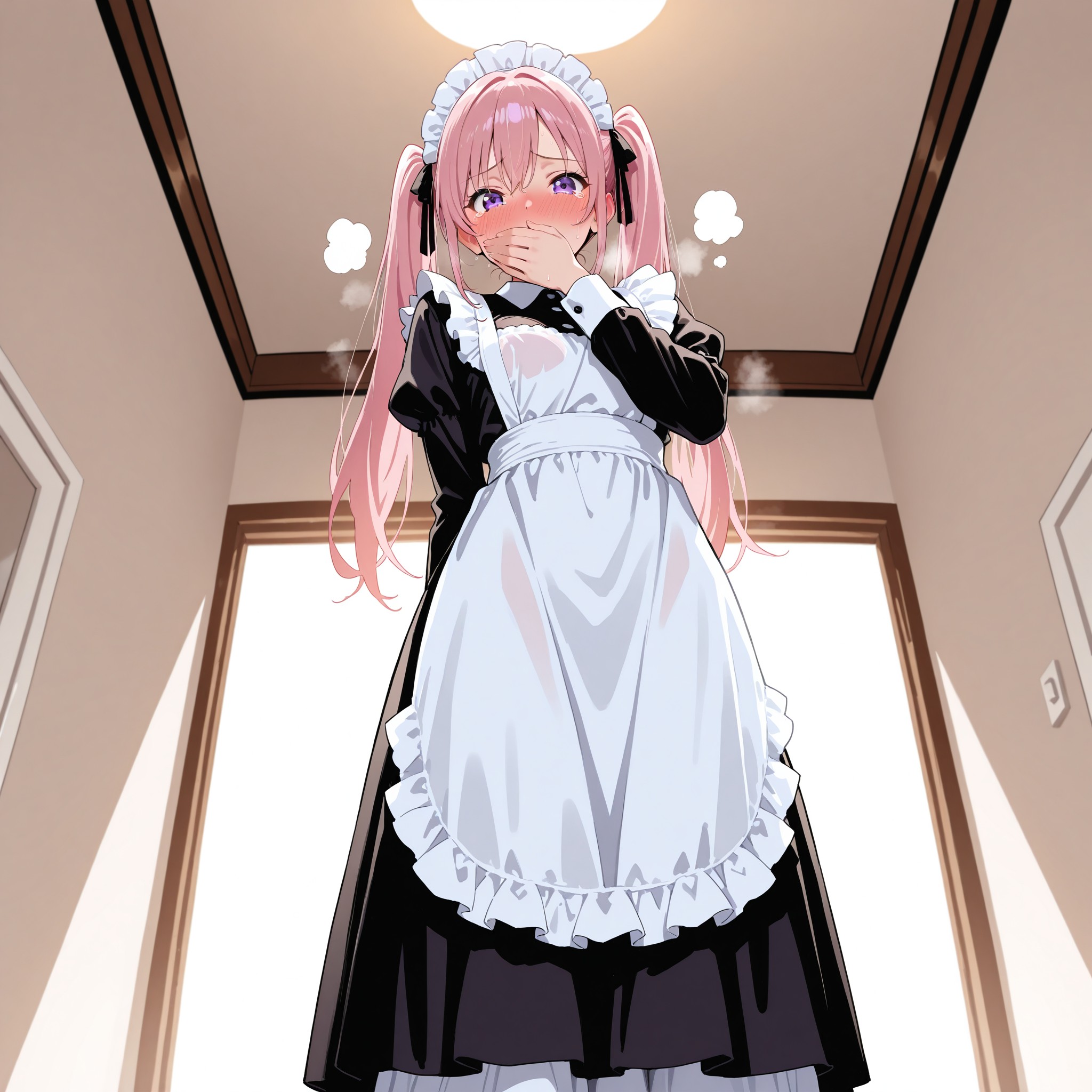 【頬染め全開 × 潤んだ瞳】heavy blushとsteamで限界まで赤くなった顔を表現。口元を手で隠しつつも潤んだ瞳(watery eyes)で見つめてくる破壊力抜群の構図。メイド服のフリル感とfrom belowのアングルが、恥じらいの中にも健気さを感じさせる一枚。