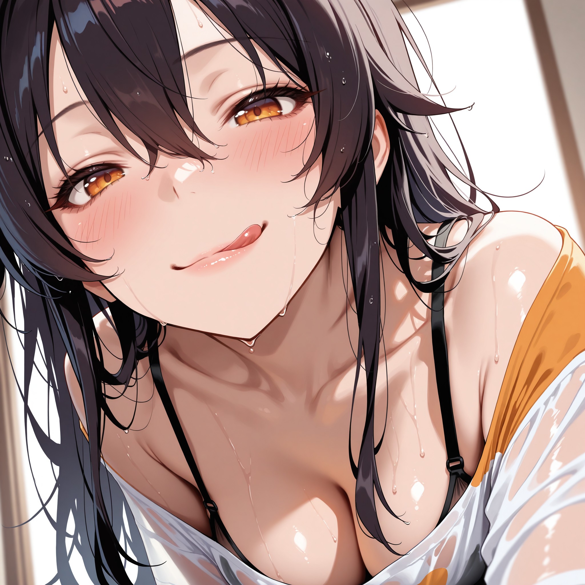 【誘惑顔 × 顔アップ】bedroom eyesとlidded eyesで眠たげな色気を持つ誘うような表情を生成。licking lipsで艶っぽさを加え、前かがみ(leaning forward)のポーズで距離感ゼロの臨場感を演出。濡れた白シャツのsee-through効果とmessy hairで、計算し尽くされた無防備さを表現する上級テクニック。