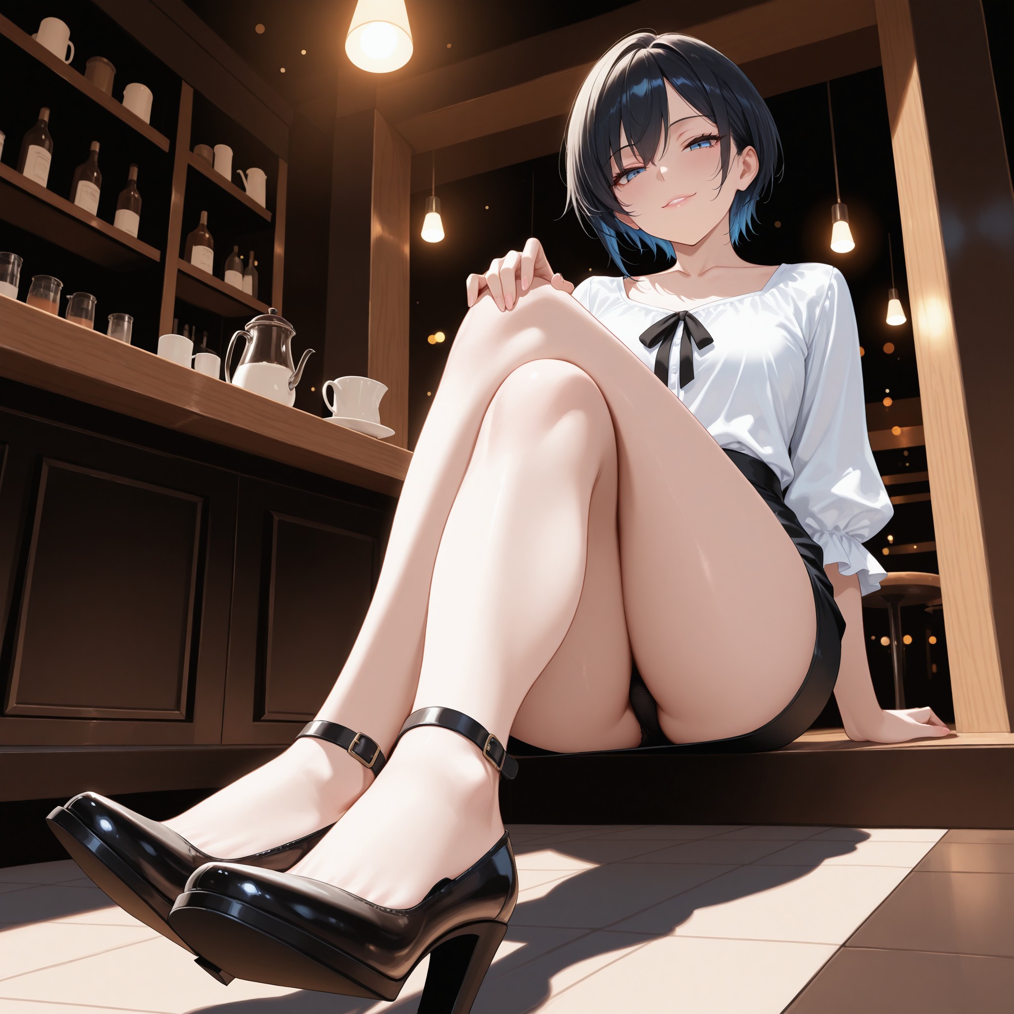 「足を組んで座るポーズ」は脚のラインを美しく見せる鉄板テクニック。流し目＋半開きの目で余裕のある大人っぽさを演出。from slightly belowのアングル指定で脚を長く魅力的に描写する方法を紹介。