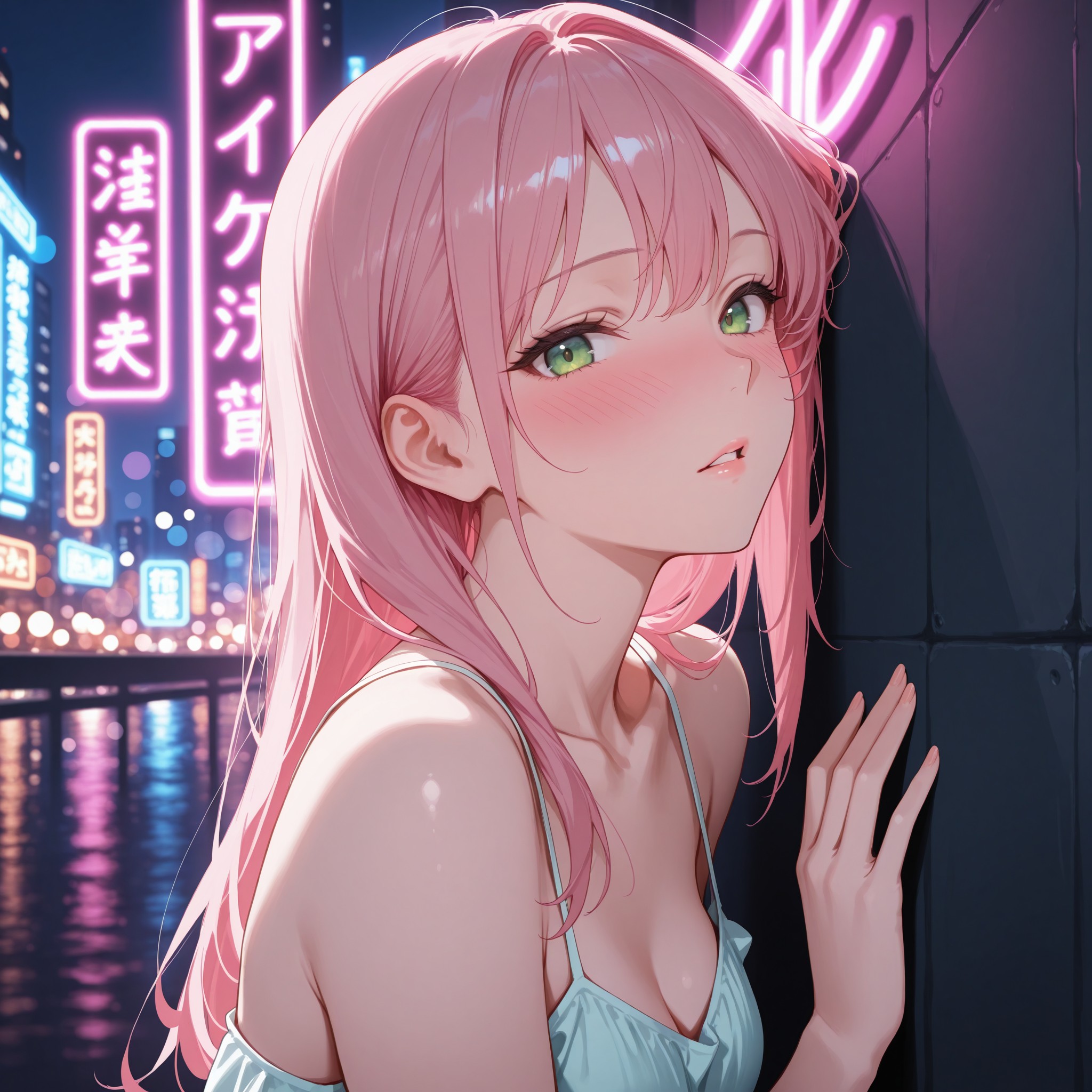 「壁もたれポーズ」は無防備な雰囲気を演出できる人気構図。首を傾けることで柔らかさと色気を加え、ネオン照明で都会的なセクシーさを演出。斜め前からのアングルで奥行きを生む方法を解説。