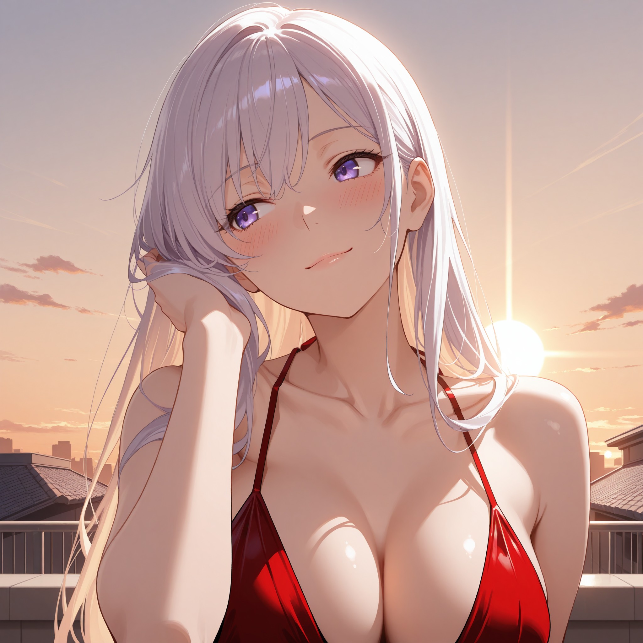 「髪をかき上げるポーズ」は首から鎖骨のラインを際立たせる上級テクニック。upward glanceの上目遣いと組み合わせることで甘くてセクシーな表情を実現。ゴールデンアワーの暖色ライティングで肌の質感を美しく仕上げる。