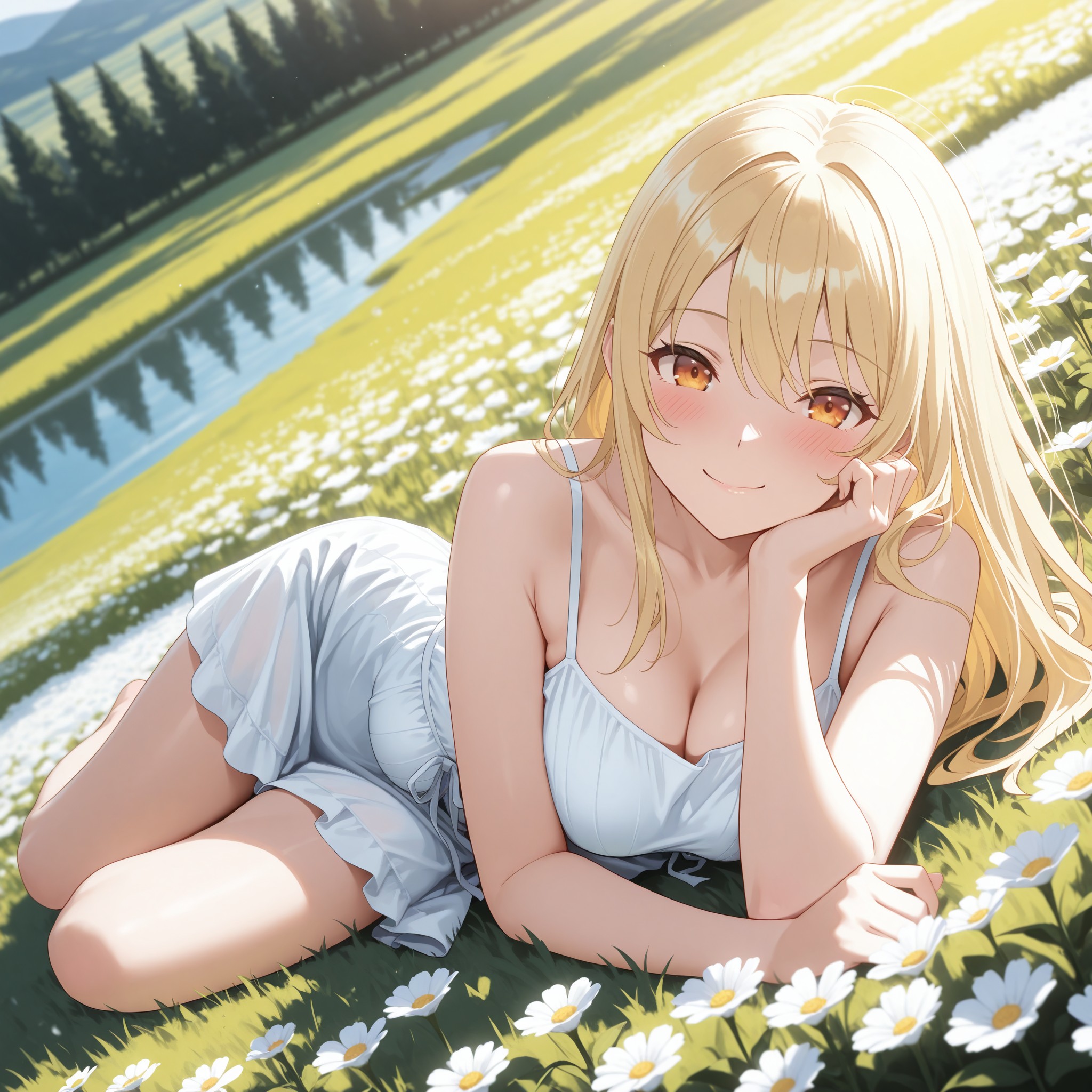 「横向き寝そべりポーズ」は全身のボディラインを柔らかく魅せる構図。頬杖をつくことで可愛らしさとセクシーさを融合。from slightly aboveの俯瞰アングルで自然な脚ラインを強調しつつ、花畑の背景でドリーミーな雰囲気を演出するテクニック。