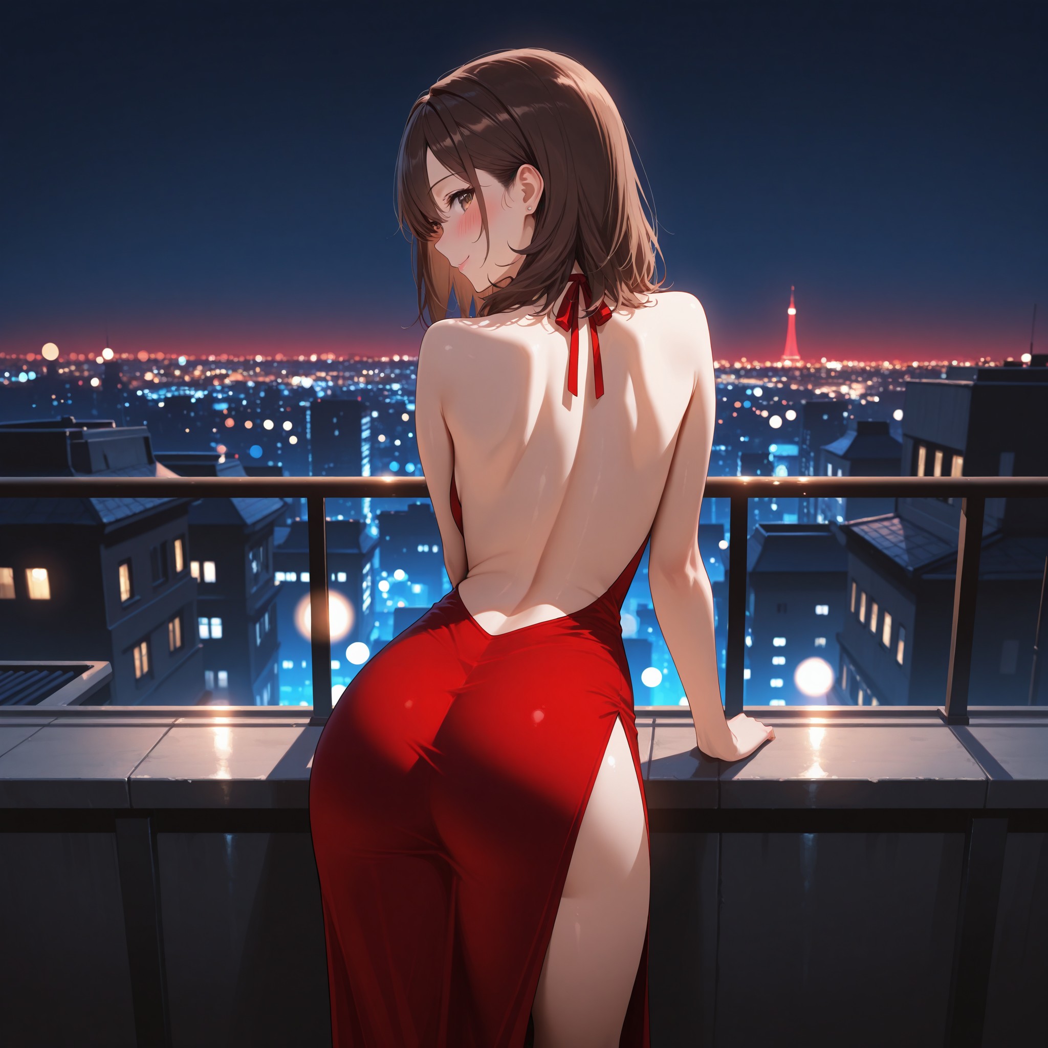 振り返りポーズ×背中見せ。バックレスの赤いイブニングドレスで背中のラインを大胆に見せつつ、肩越しに微笑む振り返りショット。スリットから覗く太ももとツイストした体のS字ラインが色気を演出。