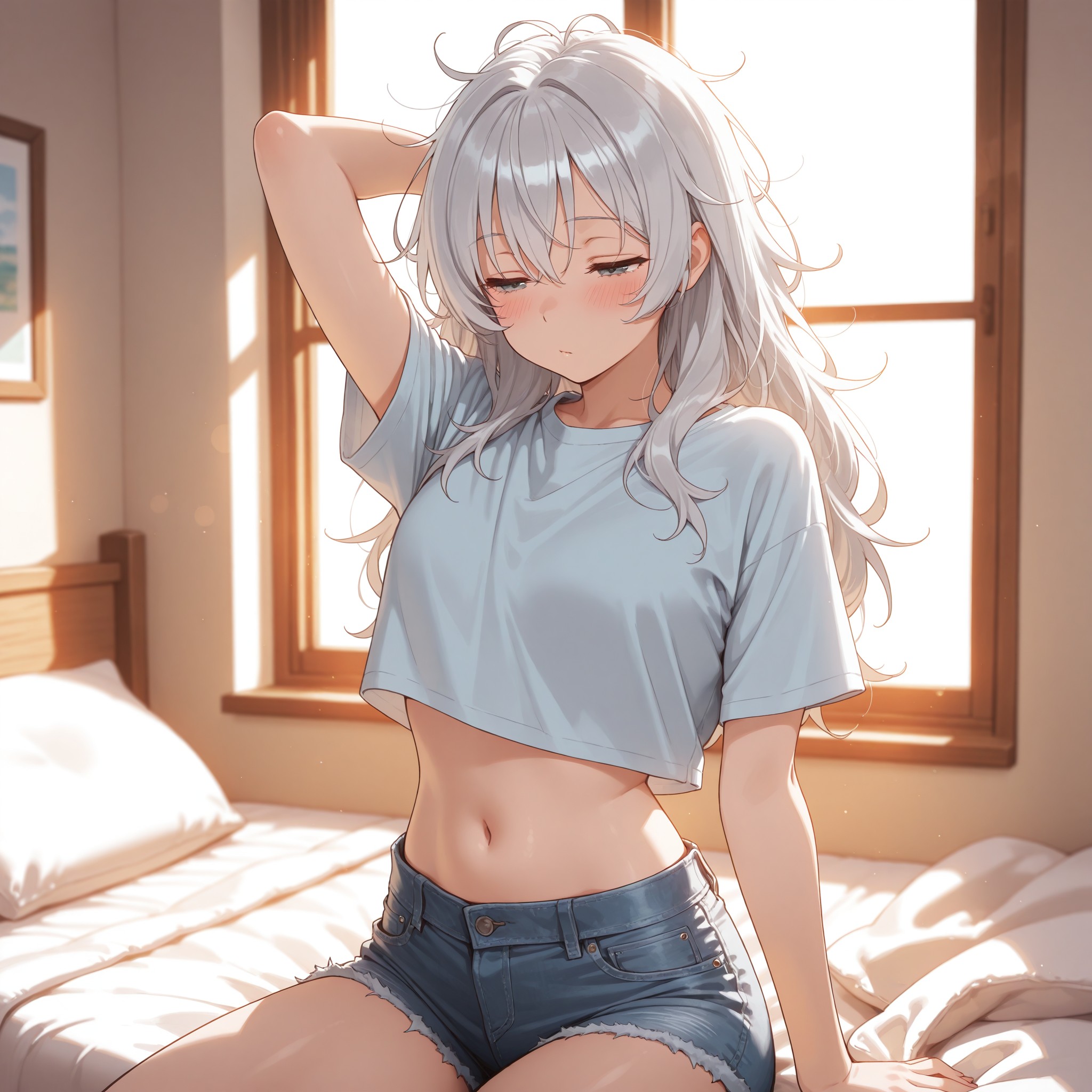 伸びポーズ×寝起き顔。朝のベッドで両腕を上げて伸びをする無防備な瞬間を切り取ったカット。クロップトップから覗くお腹のラインと、眠たげな半目の表情がナチュラルな色気を醸し出す。