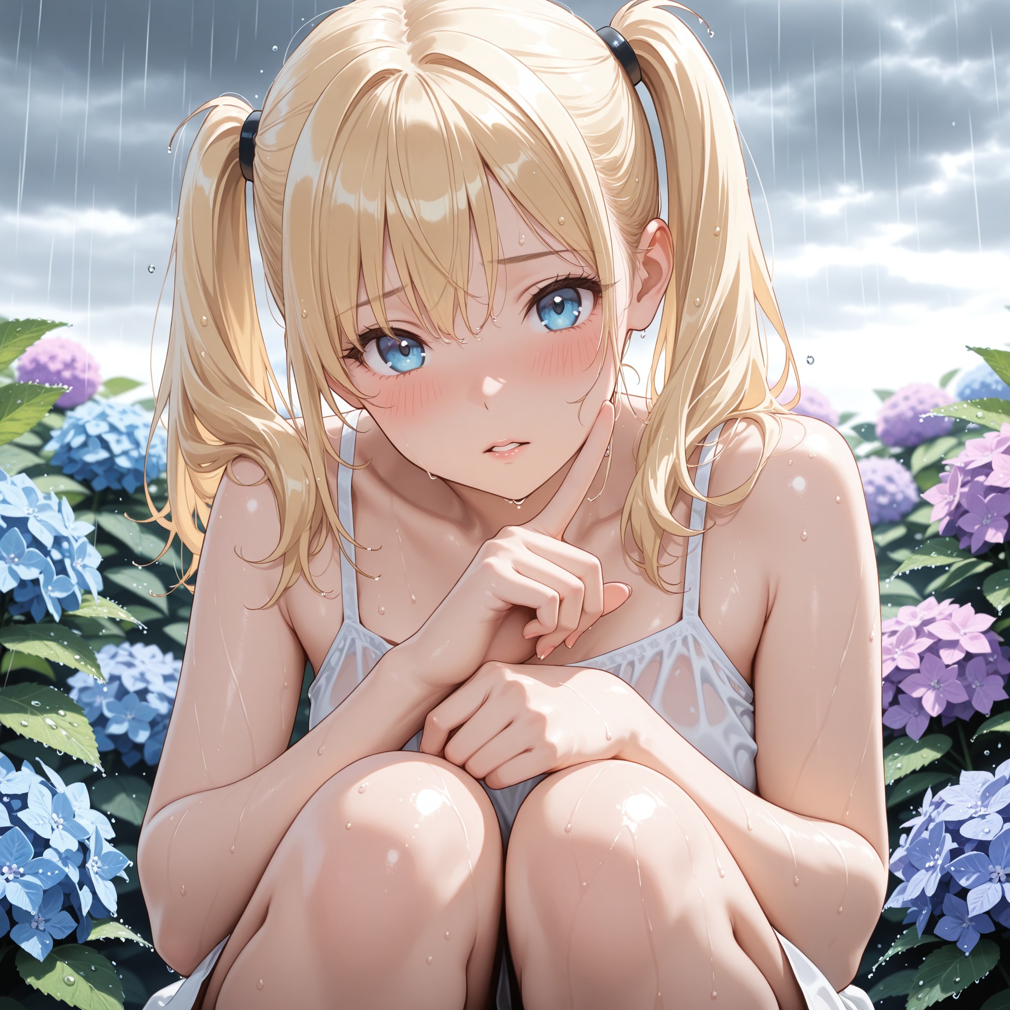 体育座り×雨に濡れ。雨に打たれた白いワンピースが肌に張り付くシースルー表現で透明感のある色気を演出。膝を抱える仕草と口元に触れる指先、恥じらいの表情で守りたくなる可愛さとセクシーさを両立。