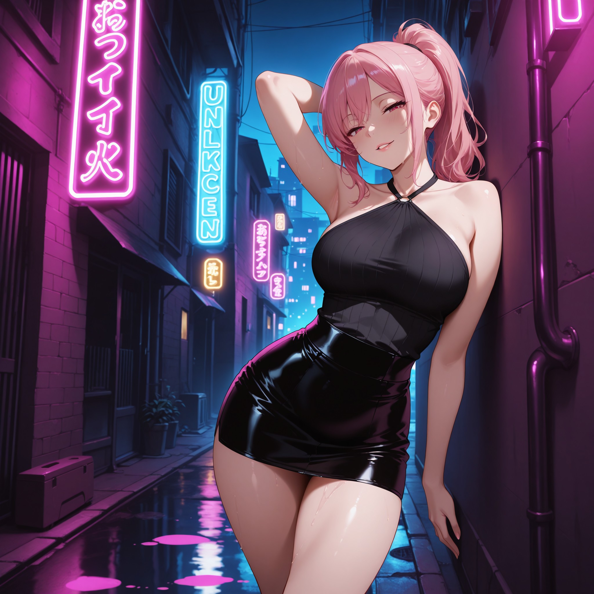 コントラポスト×壁ドン風。ネオン街の壁にもたれかかり、片手を頭の後ろに添えたS字立ちポーズ。ホルタートップで鎖骨と肩を強調し、脚を交差させて太もものラインを魅せる。流し目と妖艶な微笑みで大人の色気を表現。
