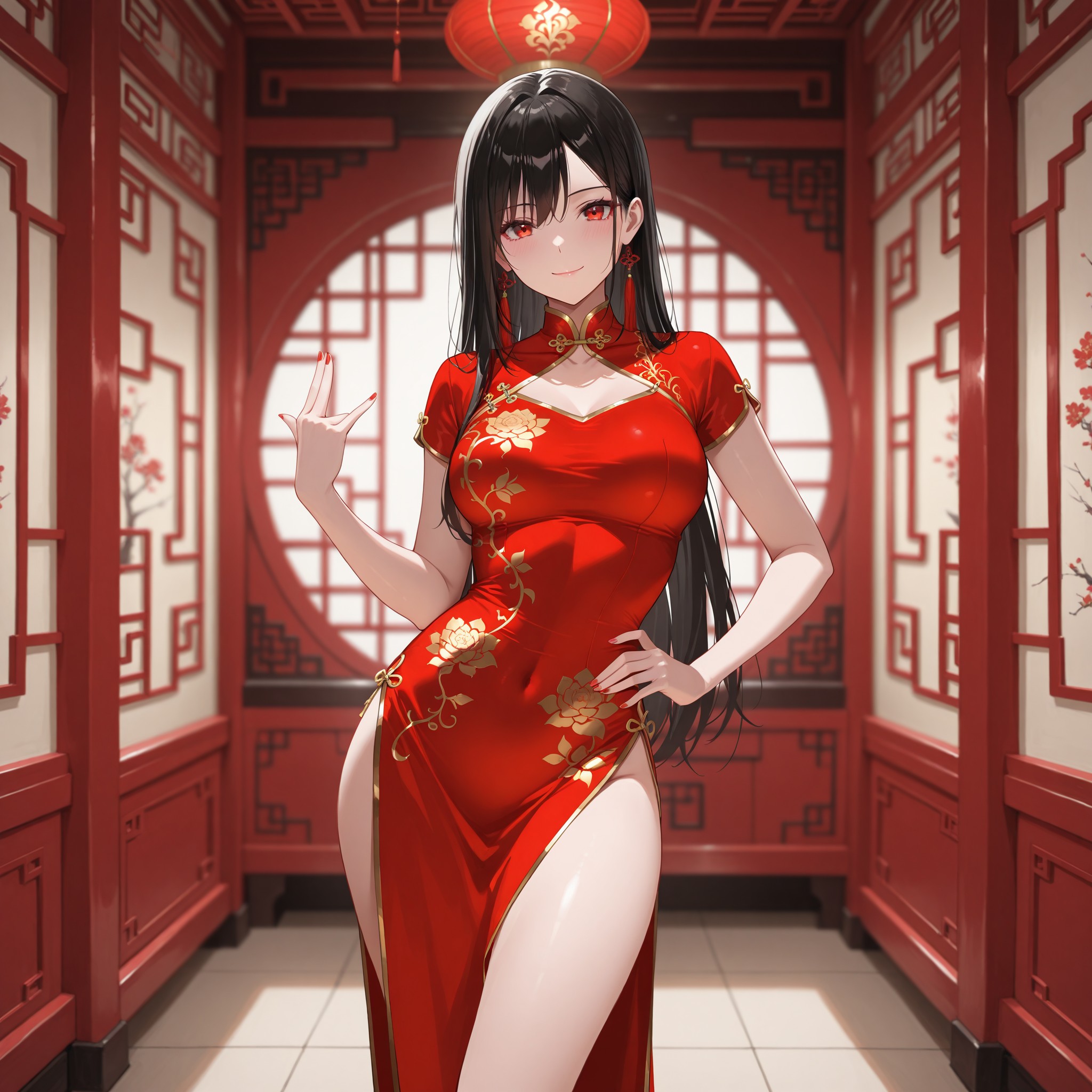 赤い金縁のチャイナドレス（旗袍）をまとった黒髪美少女。「qipao」「side slit」「thigh high slit」のタグでチャイナドレス特有の高いスリットを表現。腰に手を当てたポーズが脚のラインを強調し、エレガントなセクシーさを演出。