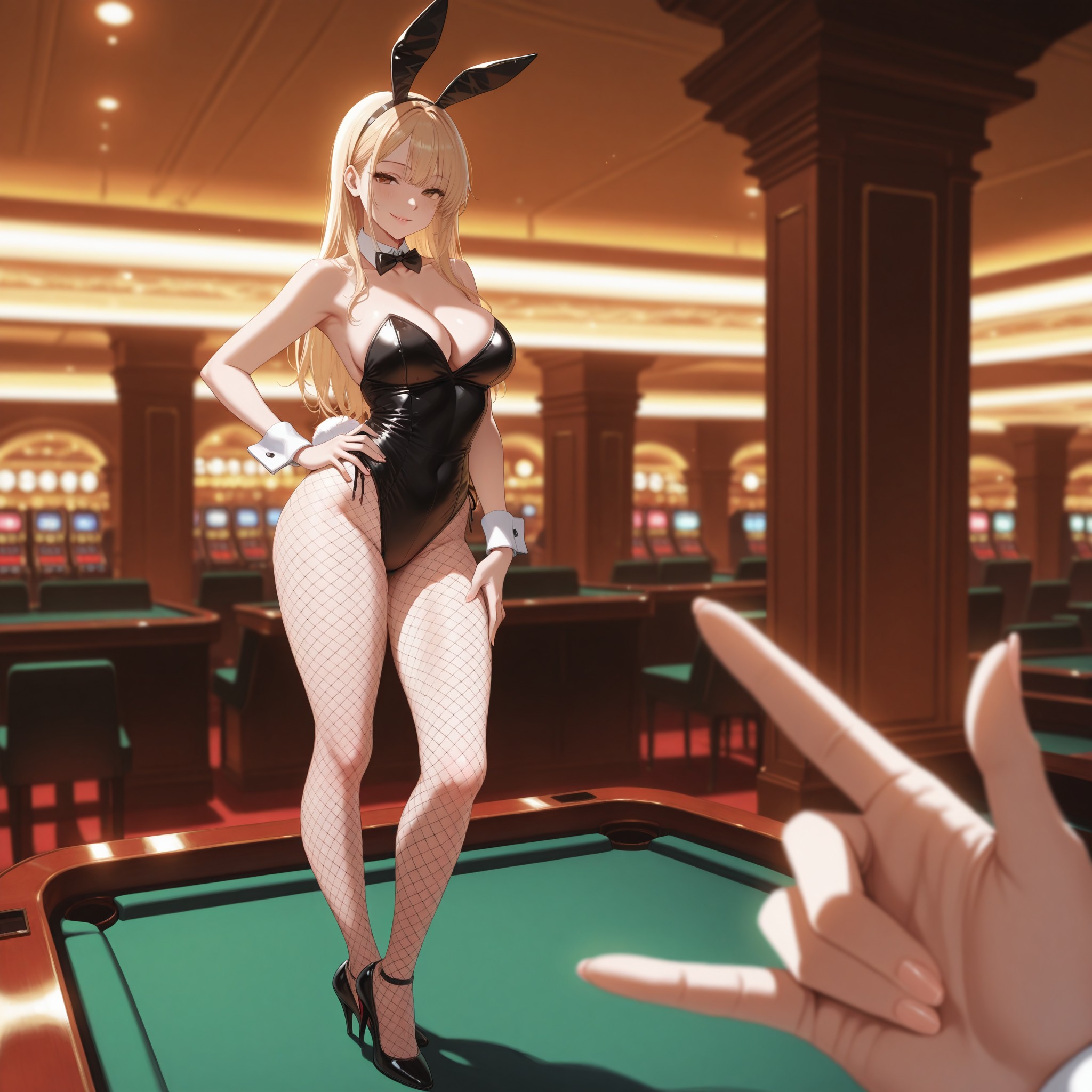 カジノを舞台にした黒いバニースーツの金髪美少女。「bunny suit」「leotard」「fishnet stockings」の組み合わせで古典的なバニーガールを表現。片脚を上げたポーズと「seductive smile」がエレガントなセクシーさを最大化。