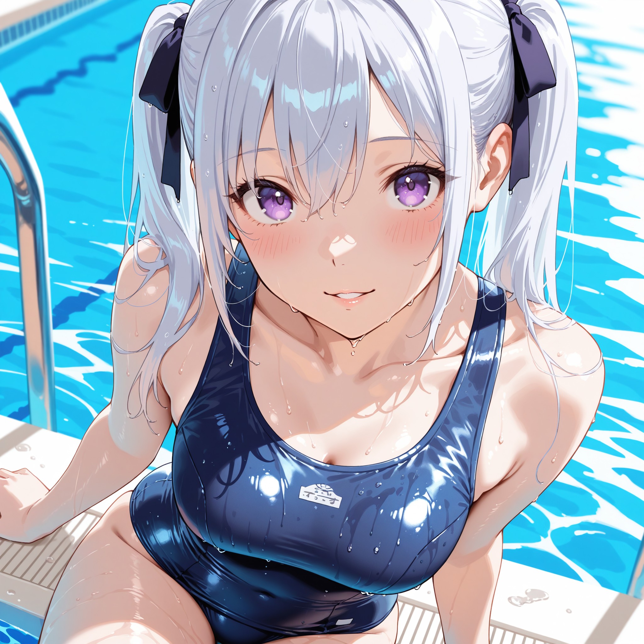 プールサイドでスクール水着を着たツインテールの美少女。「school swimsuit」「wet」「wet clothes」でシンプルながら清潔感とセクシーさを両立。「upward gaze」（上目遣い）と「blush」の組み合わせが無防備な色気を演出するポイント。