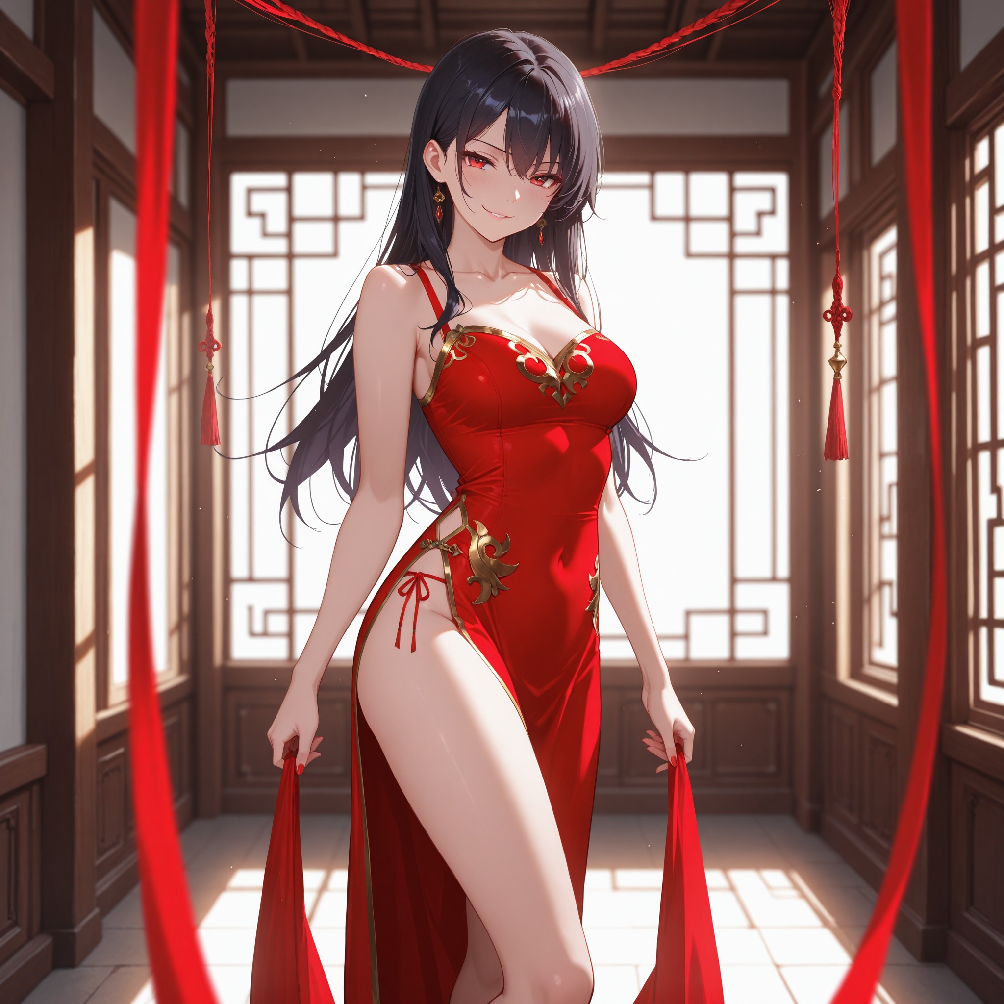 高スリットの赤いチャイナドレス（旗袍）をまとった黒髪美少女。スリットから覗く白い太ももと流し目の表情が艶やかな色気を演出。刺繍や絹の質感タグで衣装のリアリティを高め、ドラマチックな照明で高級感を表現するチャイナドレス特化構成。