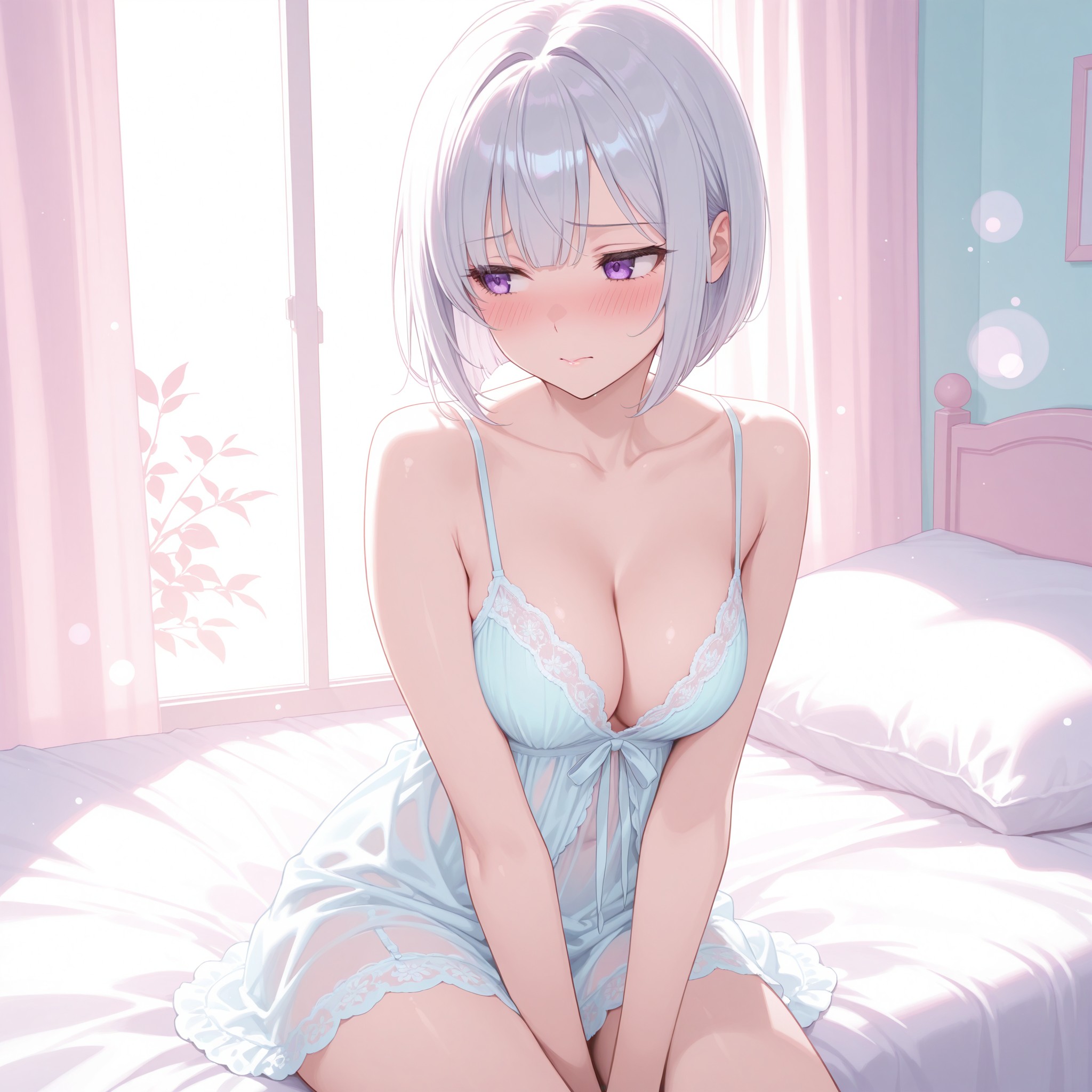 白いレースのベビードール風ドレスをまとった銀髪ショートボブの美少女。透け感のあるシフォン素材と繊細なレーストリムがランジェリースタイルの上品な色気を表現。恥ずかしそうに視線を逸らす表情がギャップ萌えを生む朝の柔らかいライティング構成。