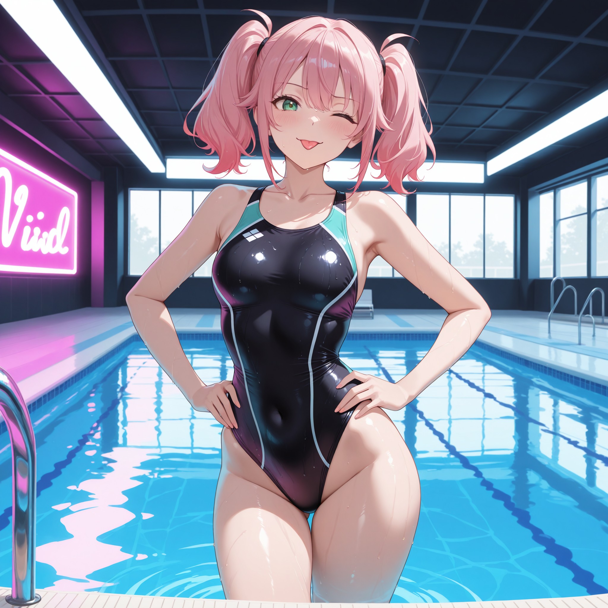 ハイレグの黒いスポーツ水着を着たピンク色ツインテール美少女。腰に手を当てた自信満々のポーズとウインクの表情でポップなセクシーさを表現。ネオン照明とプールの水面反射を組み合わせた現代的なライティングで、スポーティながらも色っぽいハイレグ水着の魅力を際立たせる構成。