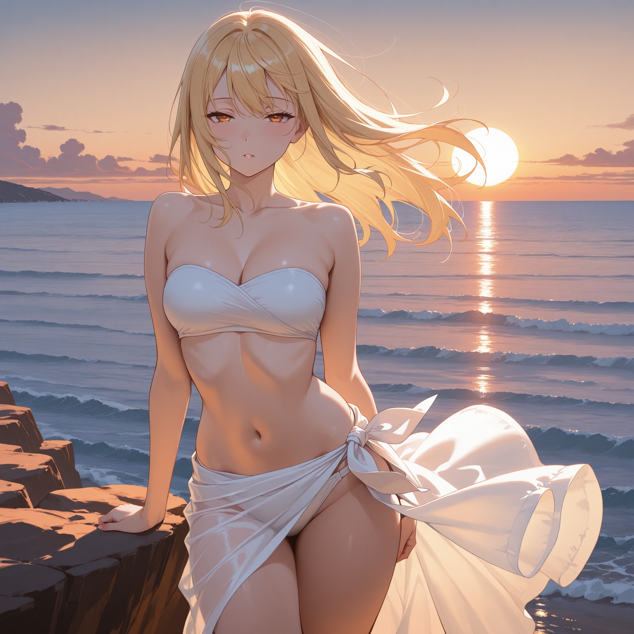 腰に巻いたトロピカルサロンスカートとバンドービキニトップを合わせた金髪美少女。半眼のセクシーな流し目と風になびく長髪が大人の色気を演出。崖の上から夕日を望む構図で、開放感あるリゾート感とシルエットの美しさを最大限に引き出すサロンスタイルの応用構成。