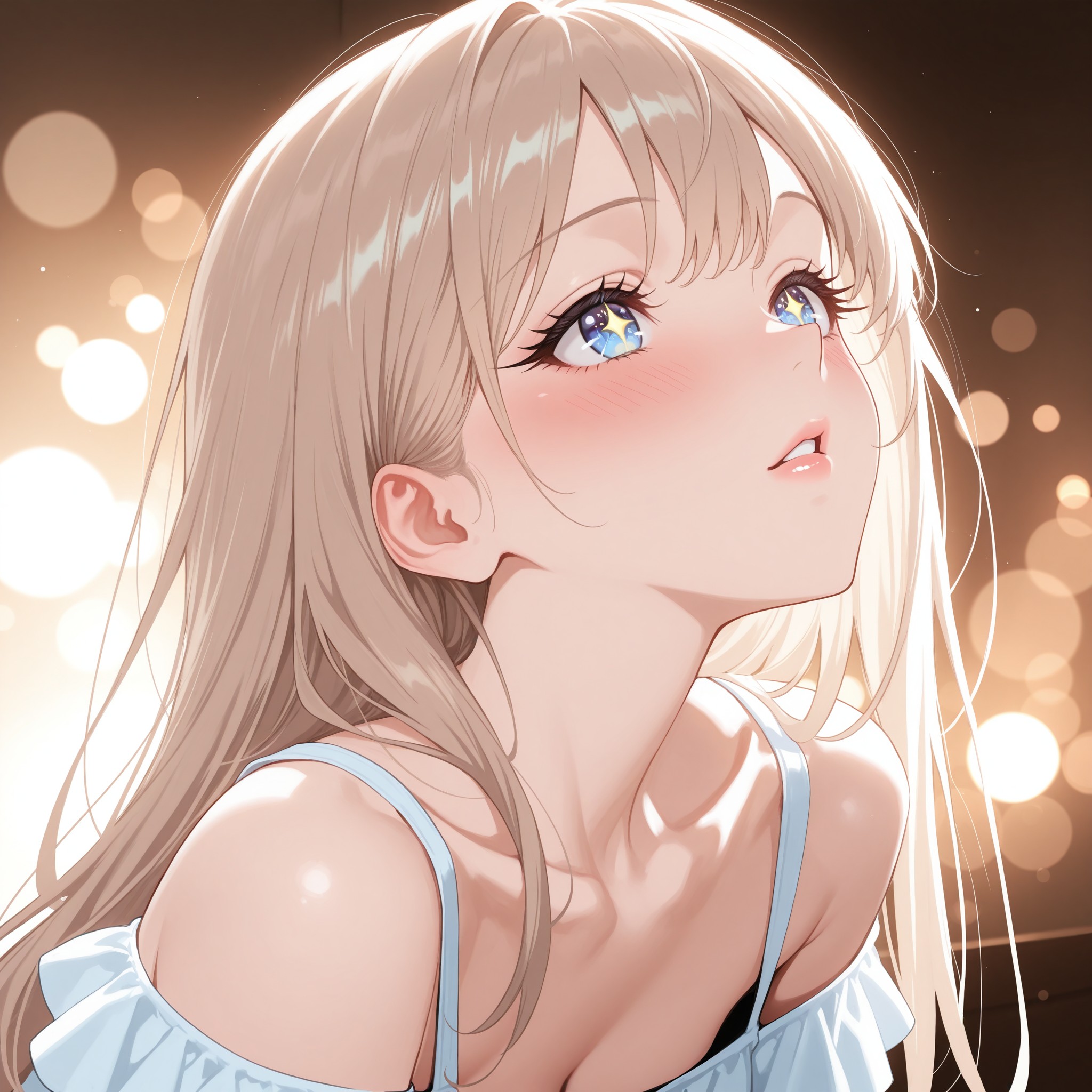 【上目遣い】わずかに顎を引いて見上げるような視線。'looking up'+'puppy eyes'+'slightly tilted head' を軸に、長いまつ毛と潤んだ瞳で見る者を引き込む魅惑の表情を再現。