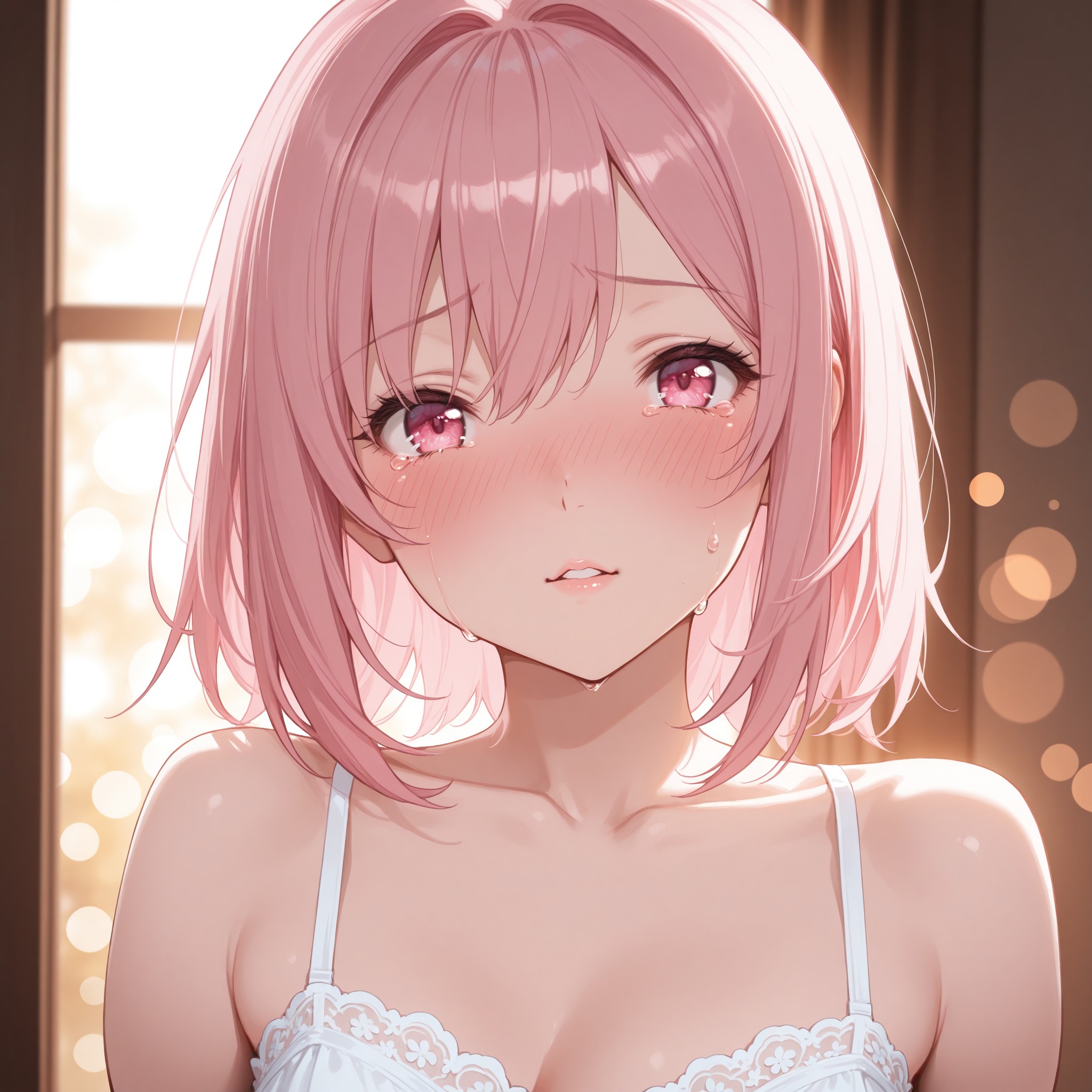 【頬染め＋潤んだ瞳】涙をこらえるように潤んだ瞳と真っ赤な頬の組み合わせ。'watery eyes'+'heavy blush'+'flushed cheeks'+'vulnerable' タグが生み出す、思わず抱きしめたくなる儚い色気。