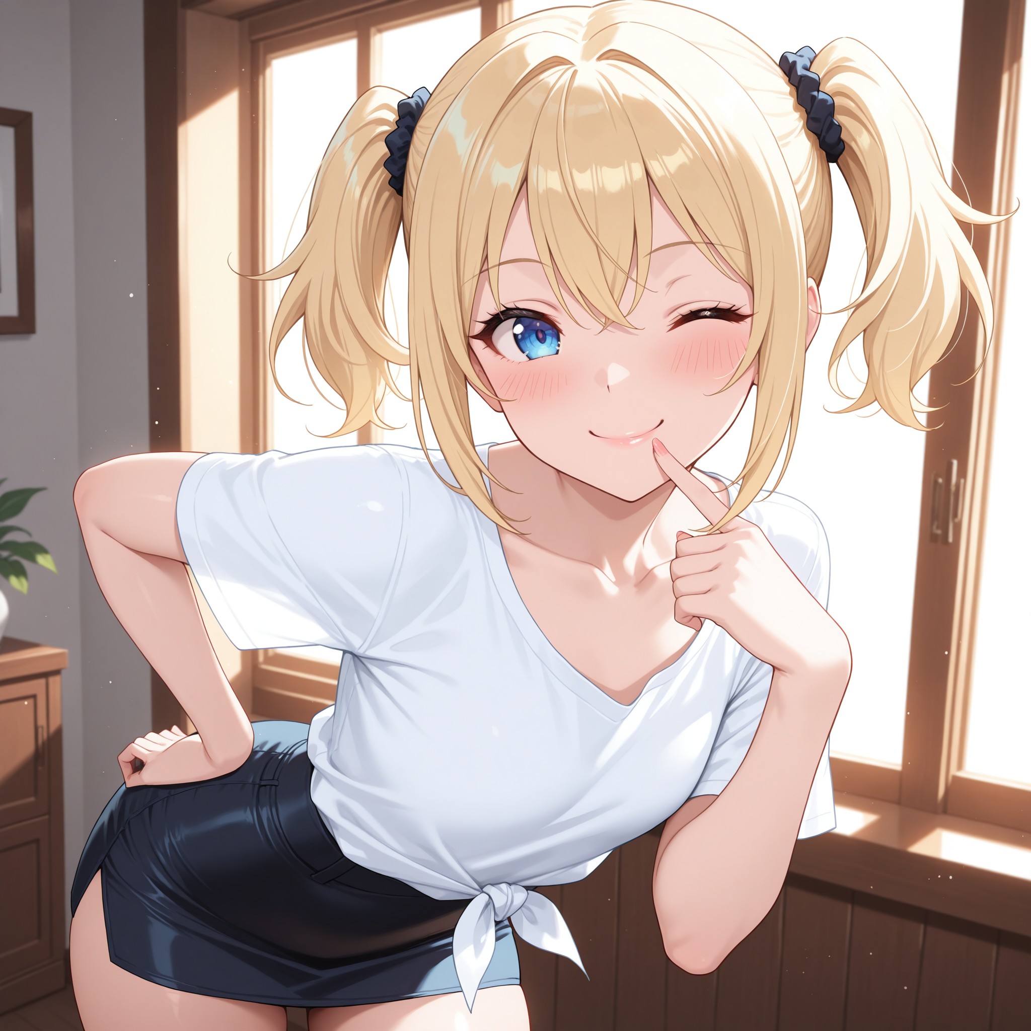 【小悪魔ウインク】片目を閉じて唇に指を当てる挑発的な表情。'mischievous smile'+'wink'+'finger on lips'+'slight lean forward' を組み合わせ、こちらを試すような甘い色気と活発さを表現。