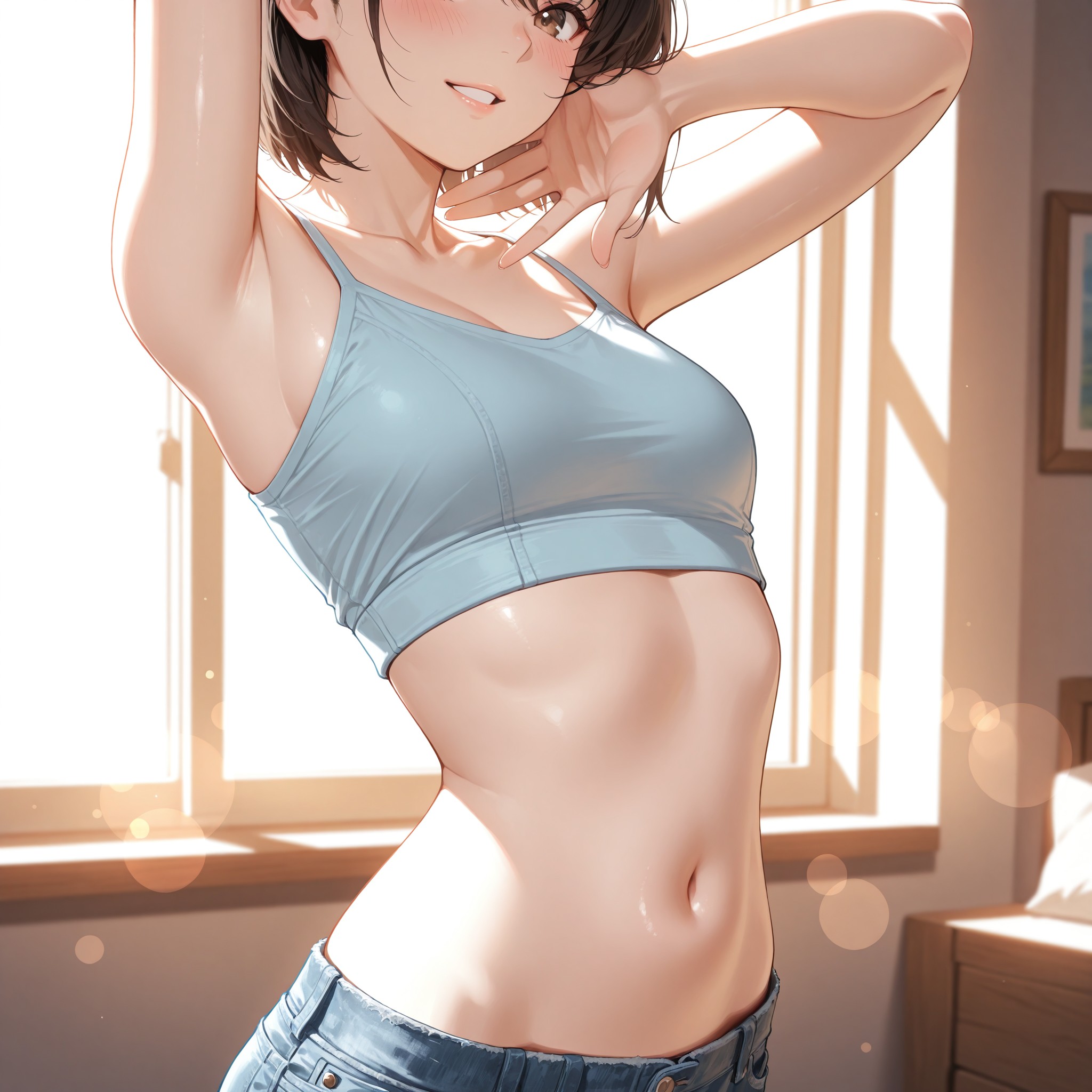 朝の伸びポーズで腹部ラインを強調。クロップトップとローライズショーツの組み合わせでウエストからヒップにかけてのくびれを自然に見せます。両腕を上げることで脇腹のラインが際立ち、朝日の暖かい光がボディラインに柔らかな陰影を作ります。