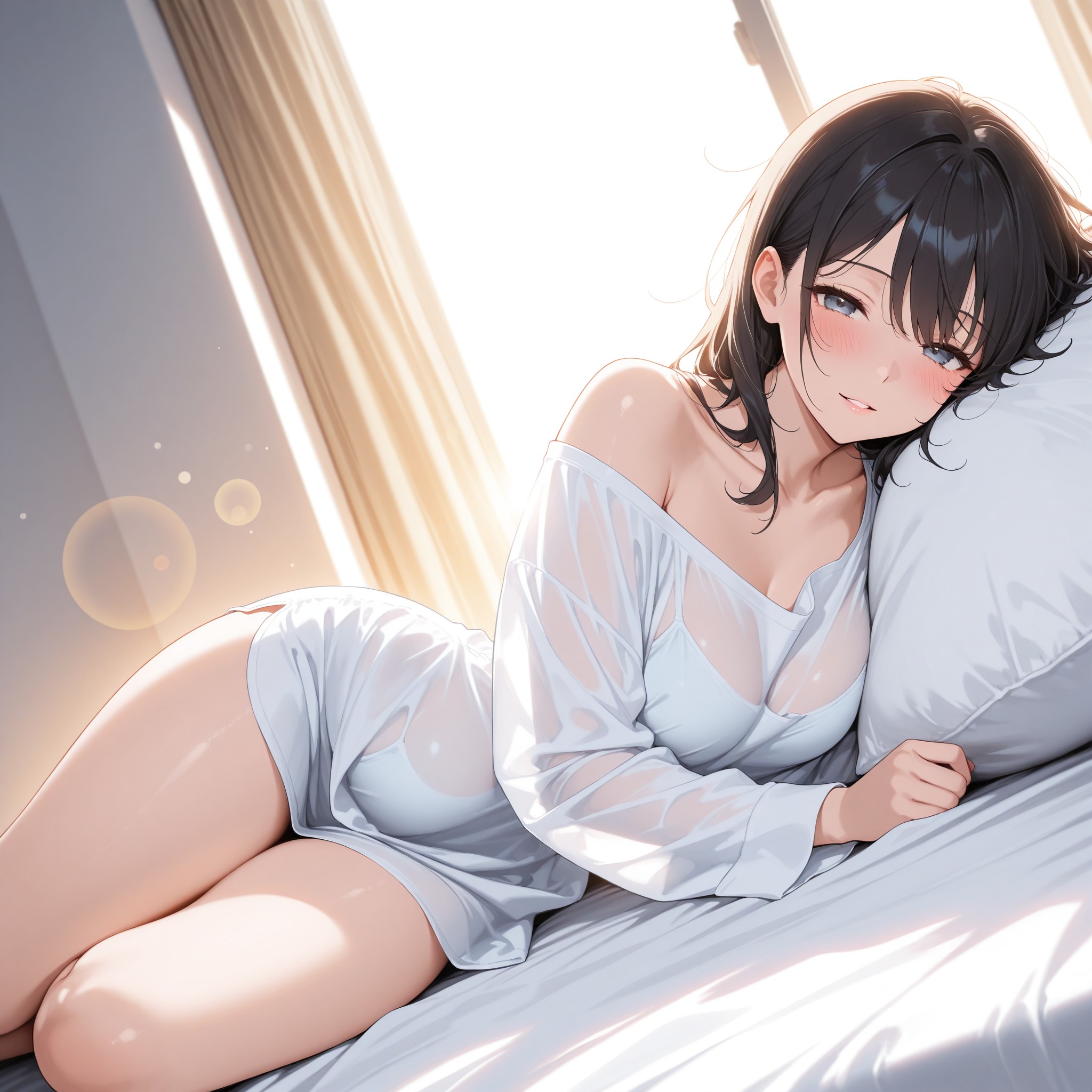 横臥ポーズで全身のシルエットラインを強調。オーバーサイズの白シャツが逆光で透け感を出し、肩からウエスト、ヒップ、脚にかけてのボディラインを柔らかく浮かび上がらせます。朝のベッドシーンにけだるげな表情を添え、自然体のセクシーさを表現します。