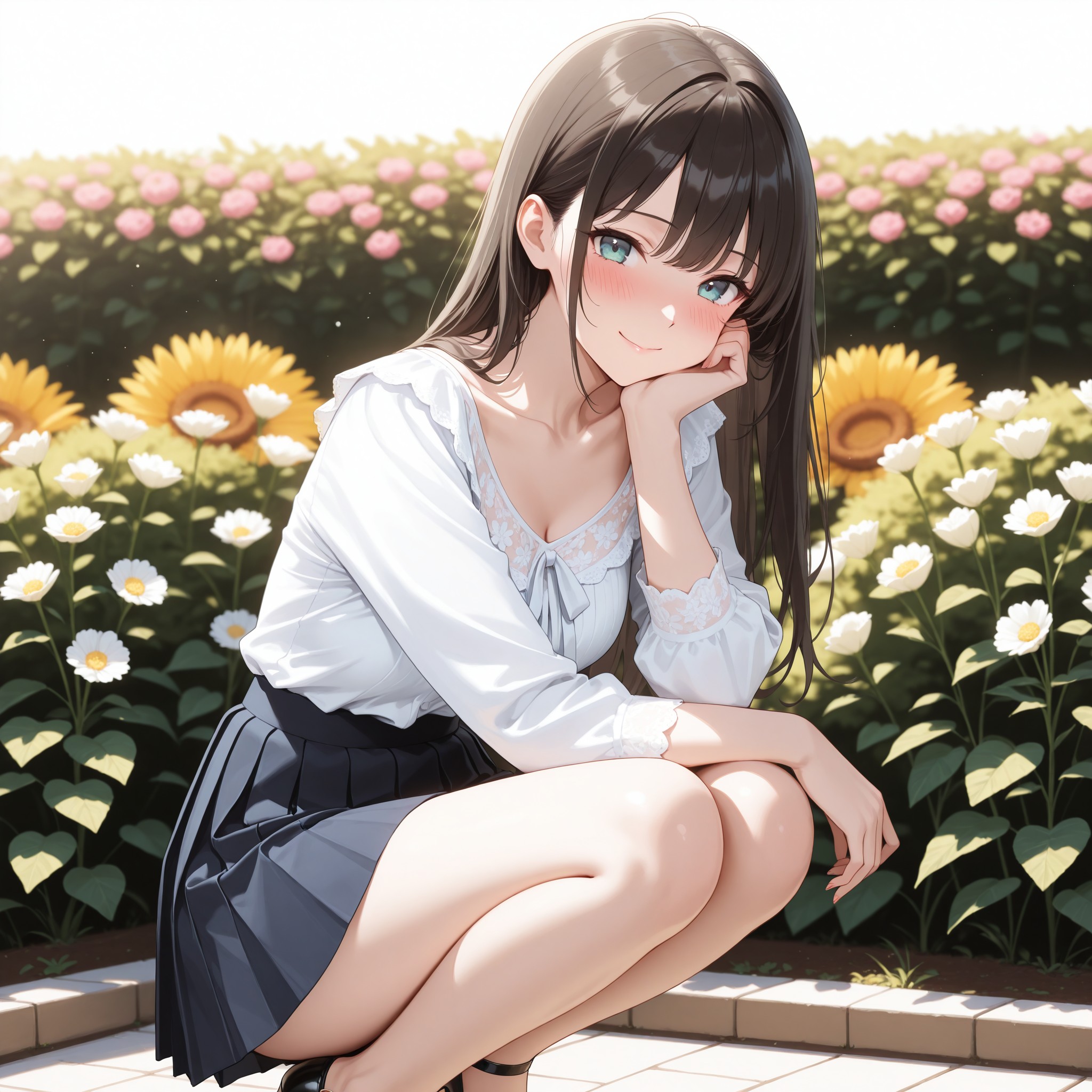 足を横に流してひざまずく「お姫様座りポーズ」。頬に手を添えた仕草と恥じらいの表情が清楚さとセクシーさを両立させる。白いレースブラウスと柔らかな自然光の組み合わせで、品格を保ちながらも魅力的なイラストを生成するプロンプト構成を解説。